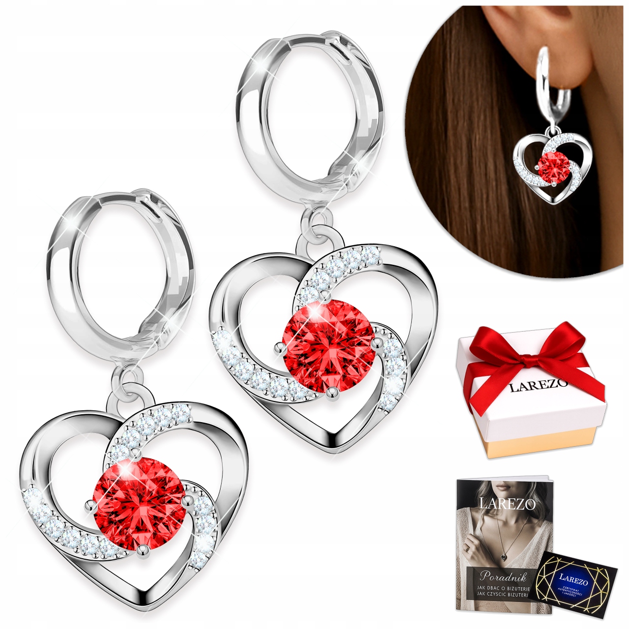 Stříbrné Náušnice Červené spirálové srdce s červeným okem 925 Stříbro