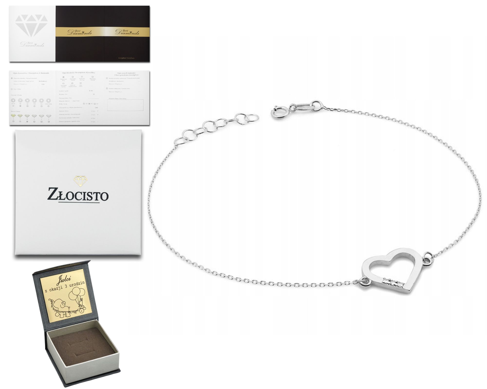 Bílé Zlato Náramek S Brilianty Srdce Gravírování