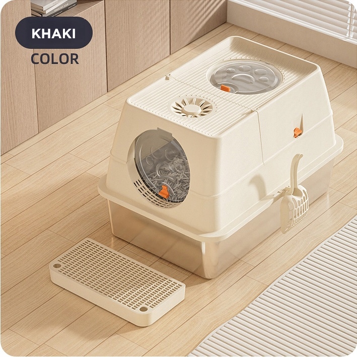 Uzavřená toaleta pro kočky z nerezové oceli béžová