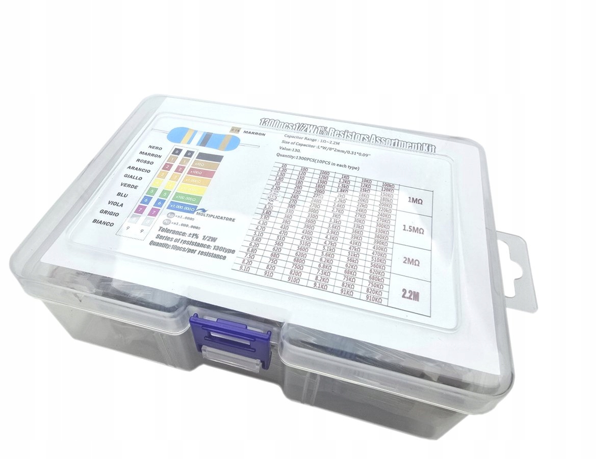 Zestaw rezystorów 0.5W 1% 1300szt (130wartości x10) + pudełko