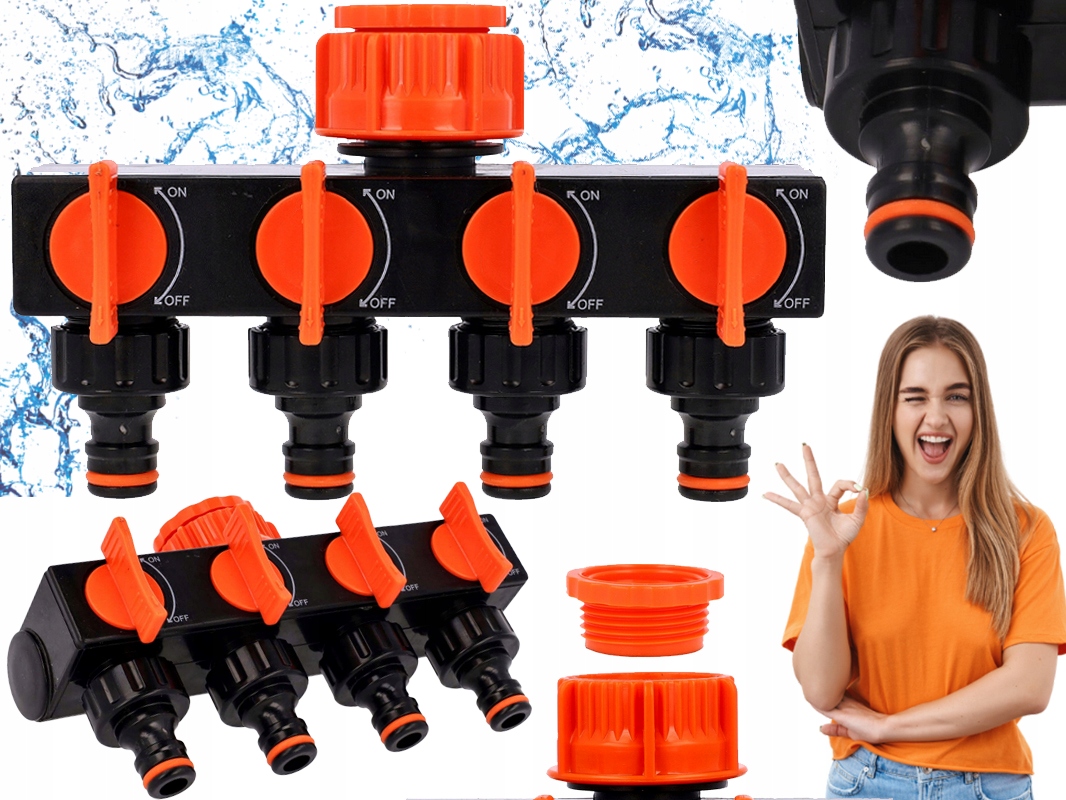 4x ROZDZIELACZ CZWÓRNIK zawór ADAPTER NA KRAN 1 CAL Z REDUKCJĄ na 3/4 wąż