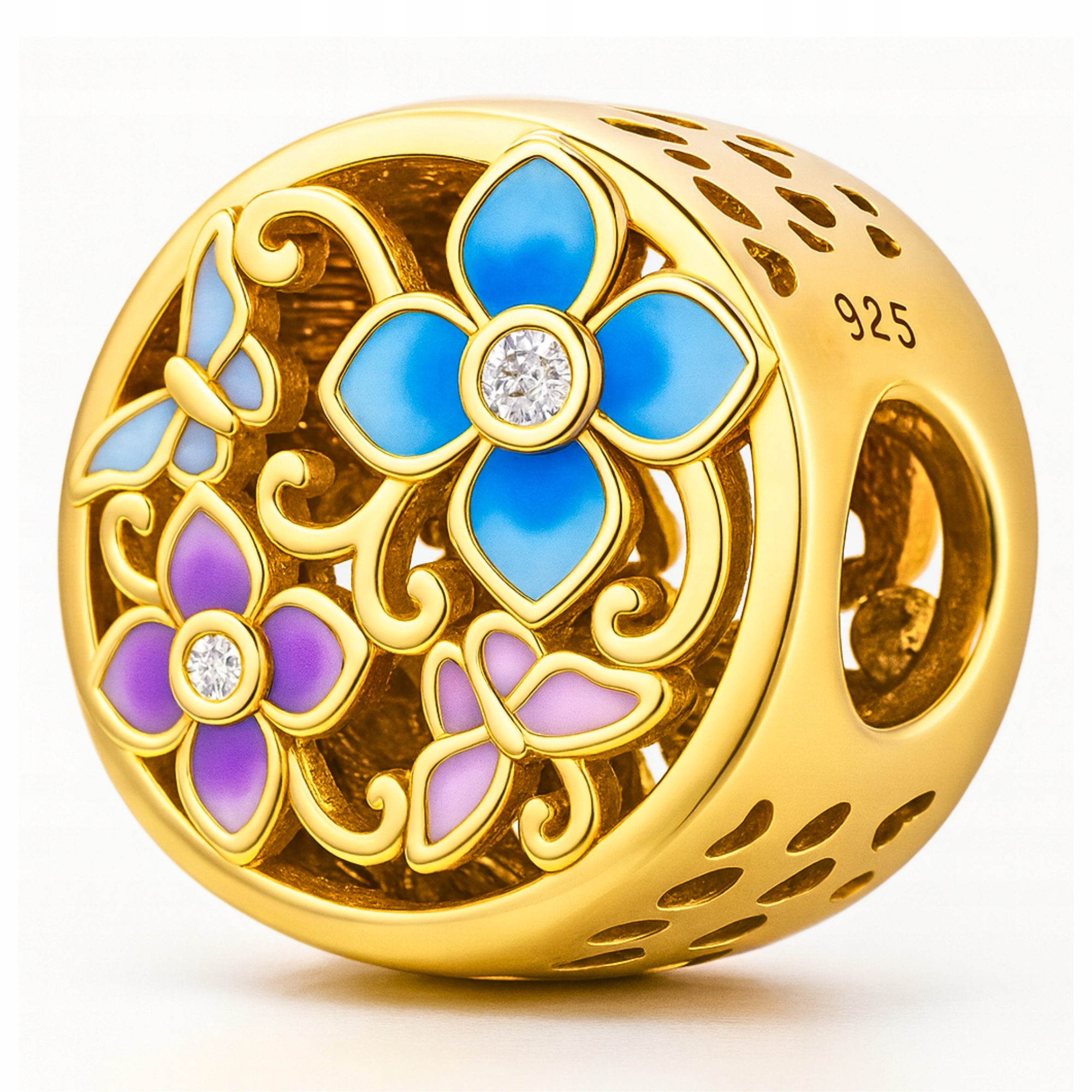 Charms Zlatý Barevný Motýl a Květ Pozlacený 585 Květiny Motýli Stříbro 925