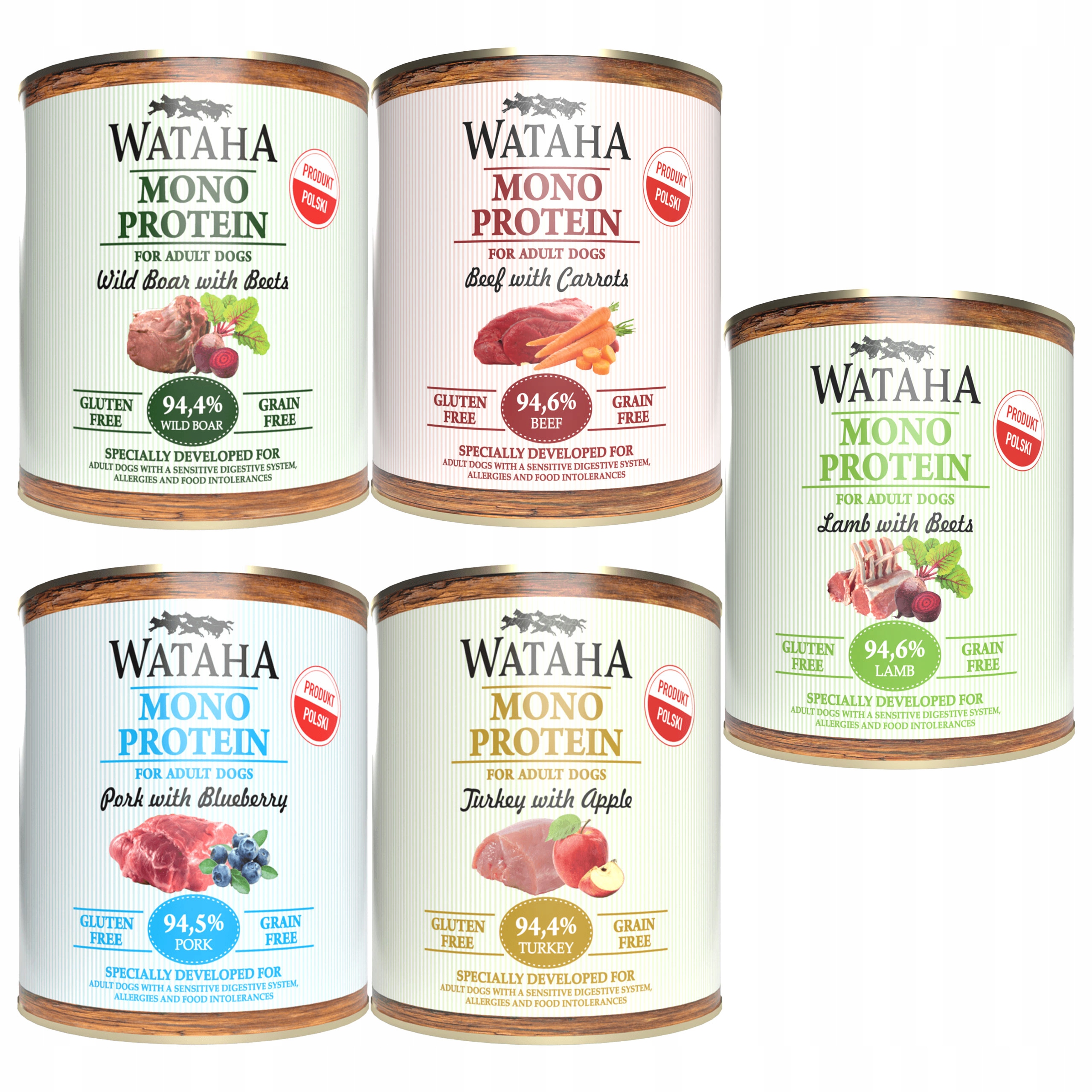 Levně Wataha Mono Protein Adult krmivo pro psy Mix Chutí 5 x 800 g