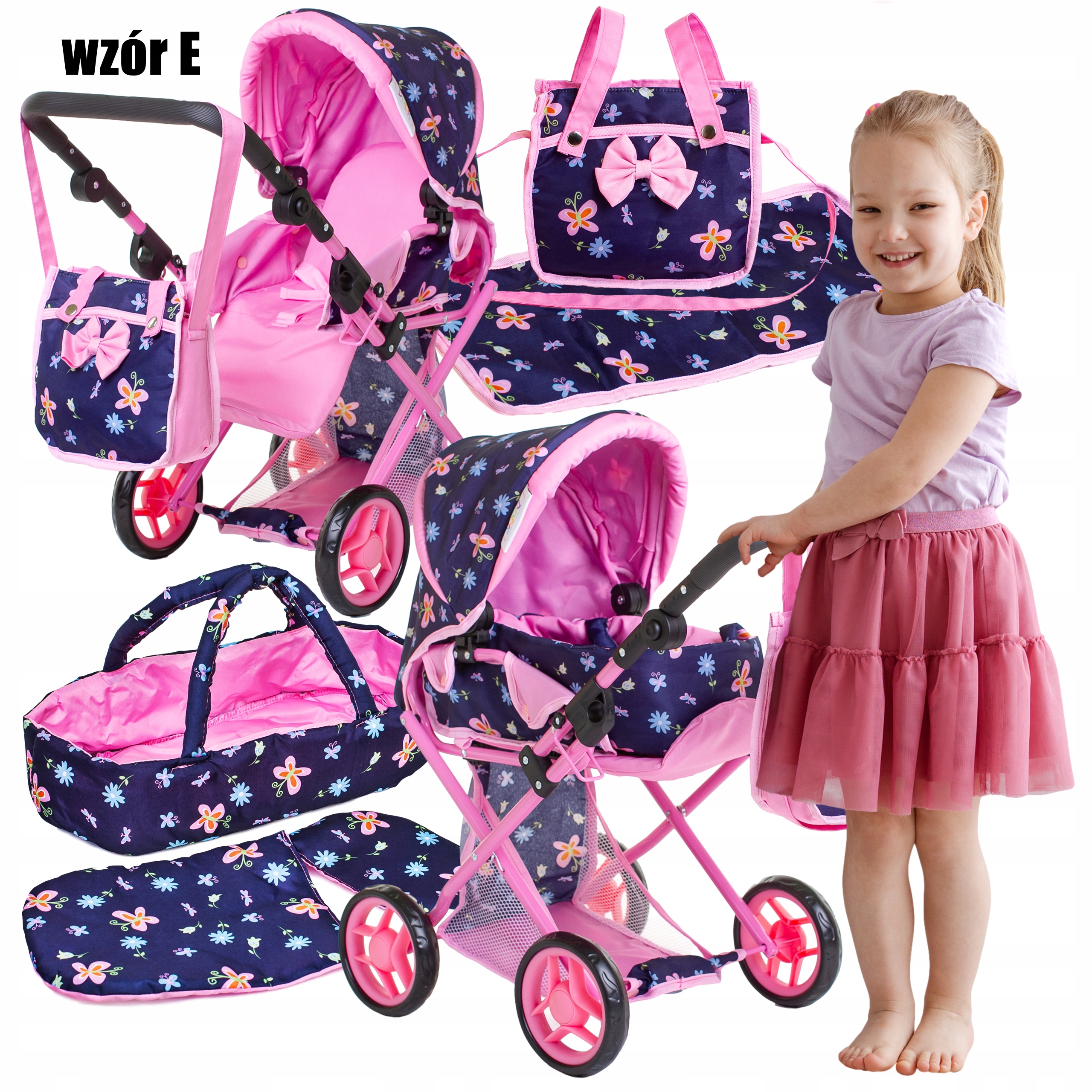 Wózek dla lalek 3w1 ŁÓŻECZKO KRZESEŁKO POŚCIEL TORBA PRZEWIJAK ZESTAW XXL Marka Doris