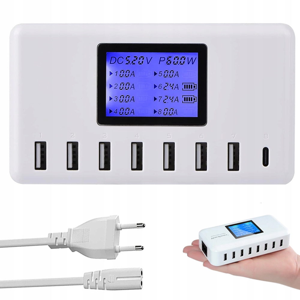 Stacja Ładująca Z 8 Portami LCD 60W Usb 12A Type-c Do Telefonu Laptopa
