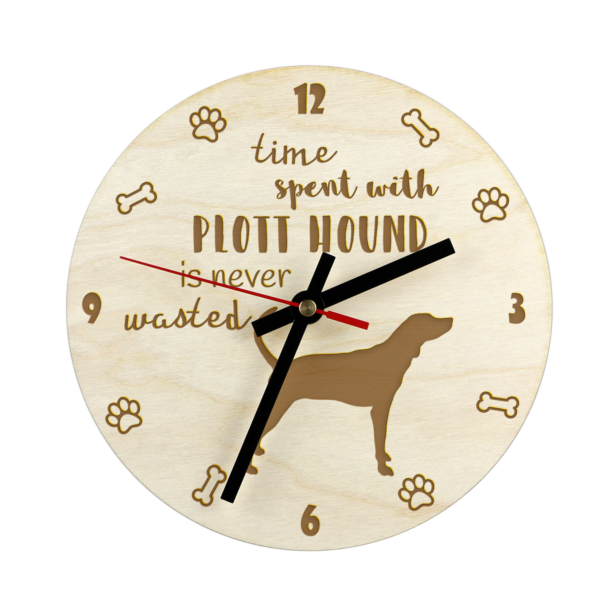 Plott Hound gravírovaný hodinový stroj se psem, průměr 30 cm, jméno psa