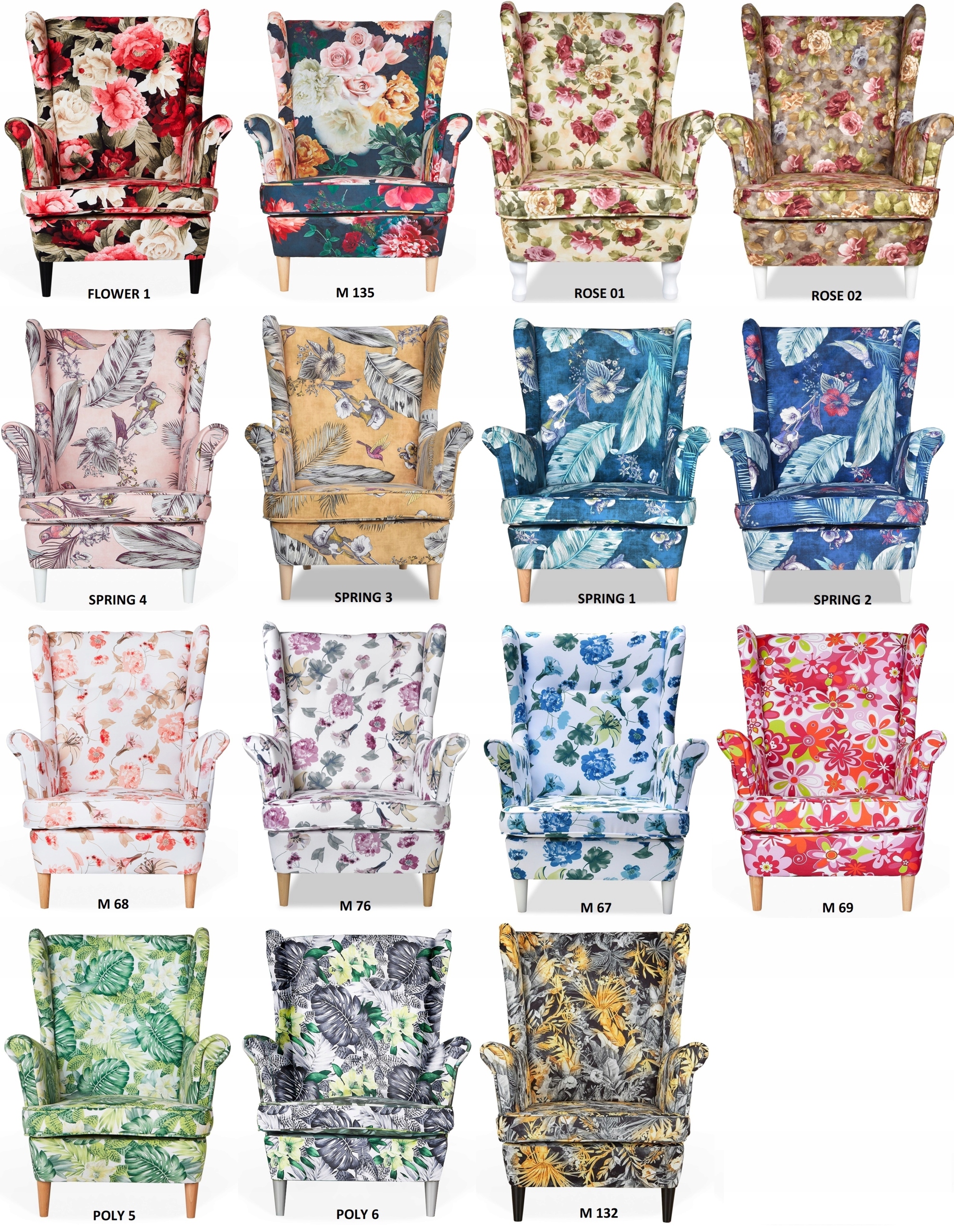 Fotel Uszak motyw FOLK drobne kwiatuszki KOLOROWE Kolor obicia wielokolorowy