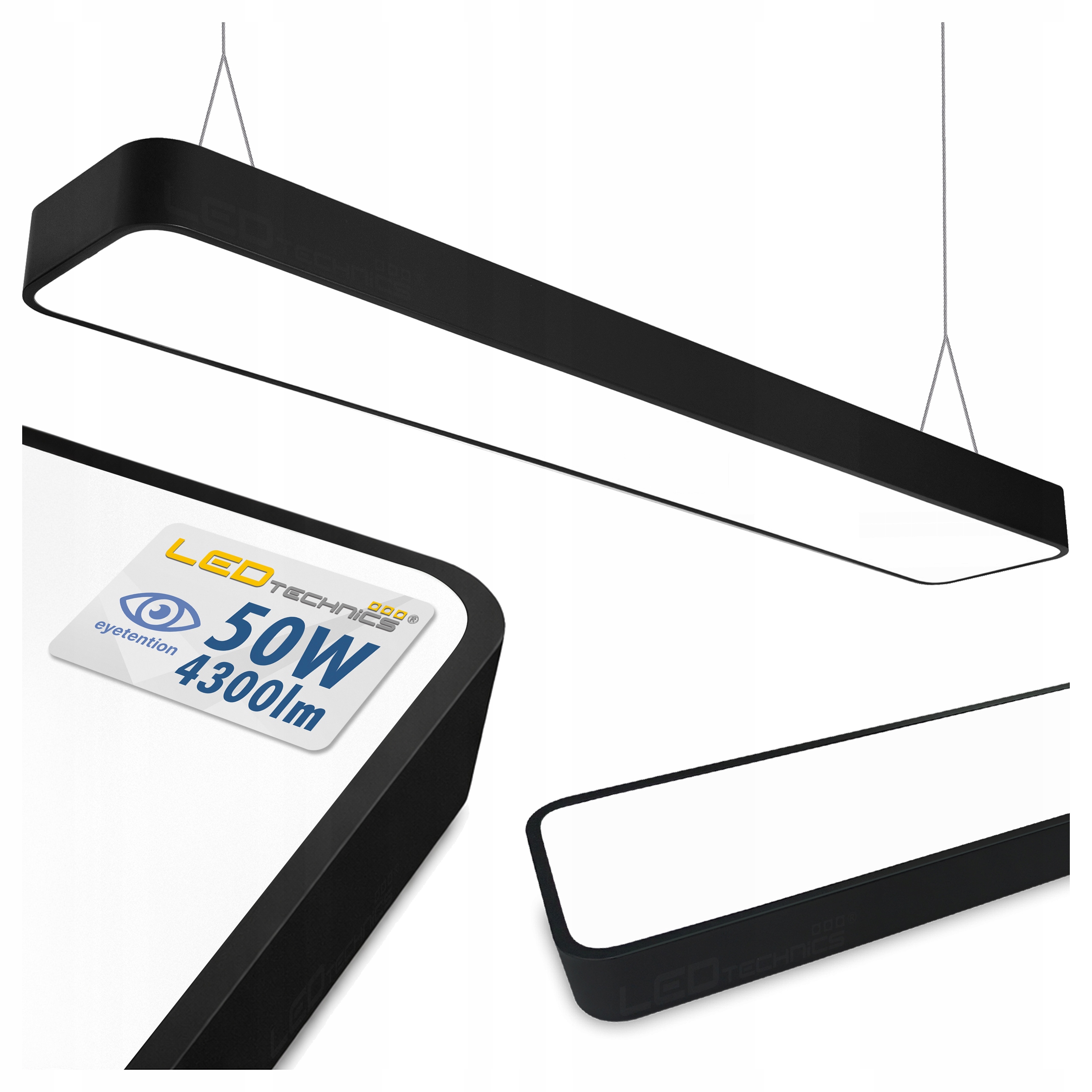 Lampa Wisząca Liniowa Biurowa 120cm 50W Led CCD Czarna Zaokrąglona