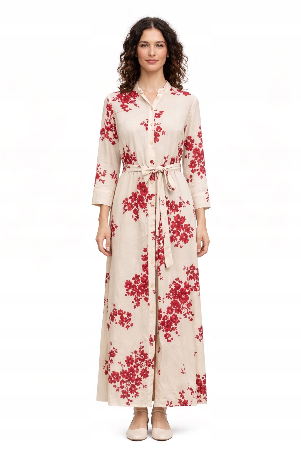 Šaty Maxi Ecru S Květinami A Páskem A Knoflíky M 1I4A