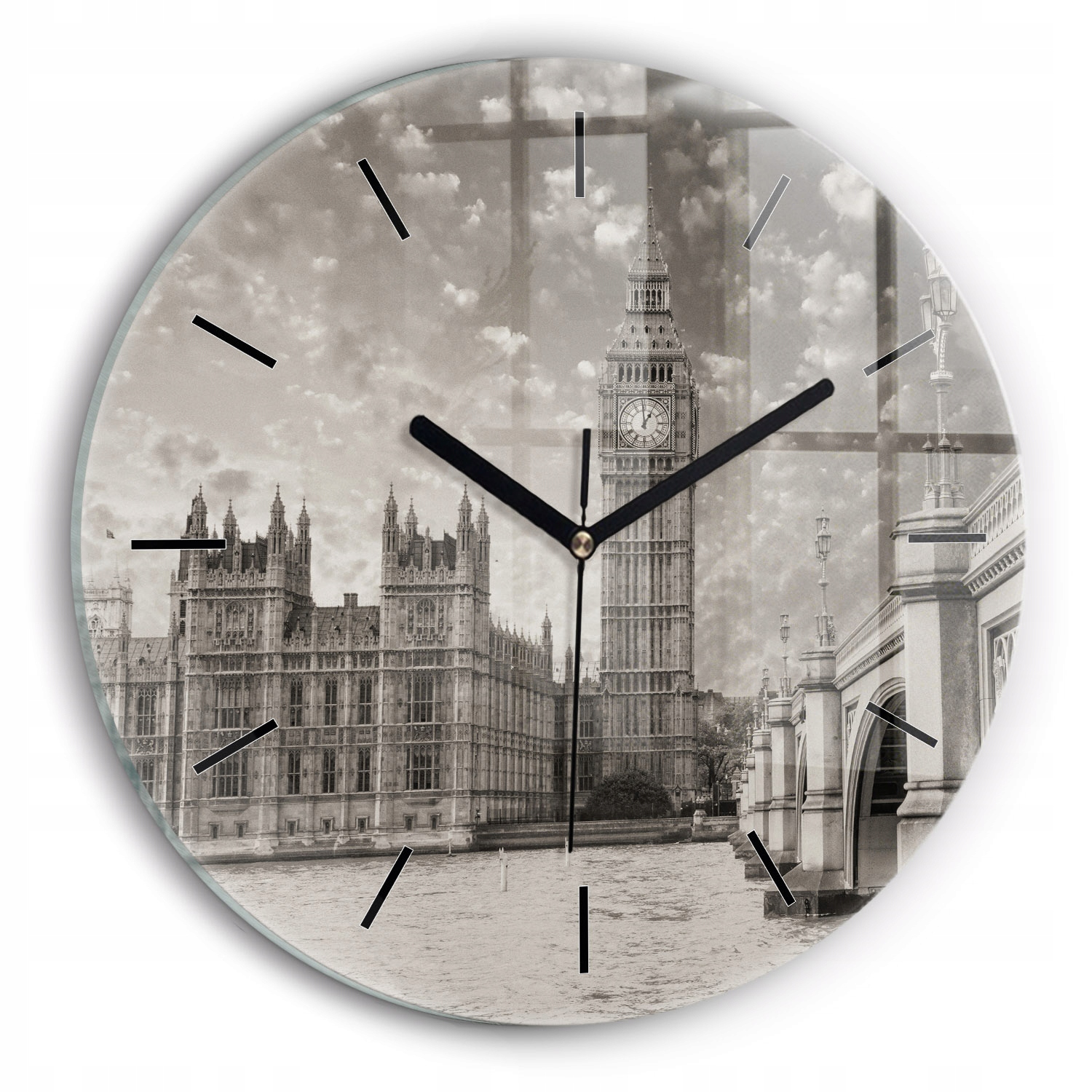 Nástěnný Kulatý skleněný hodinový stroj s stylovým potiskem Londýn Big Ben fi30 cm