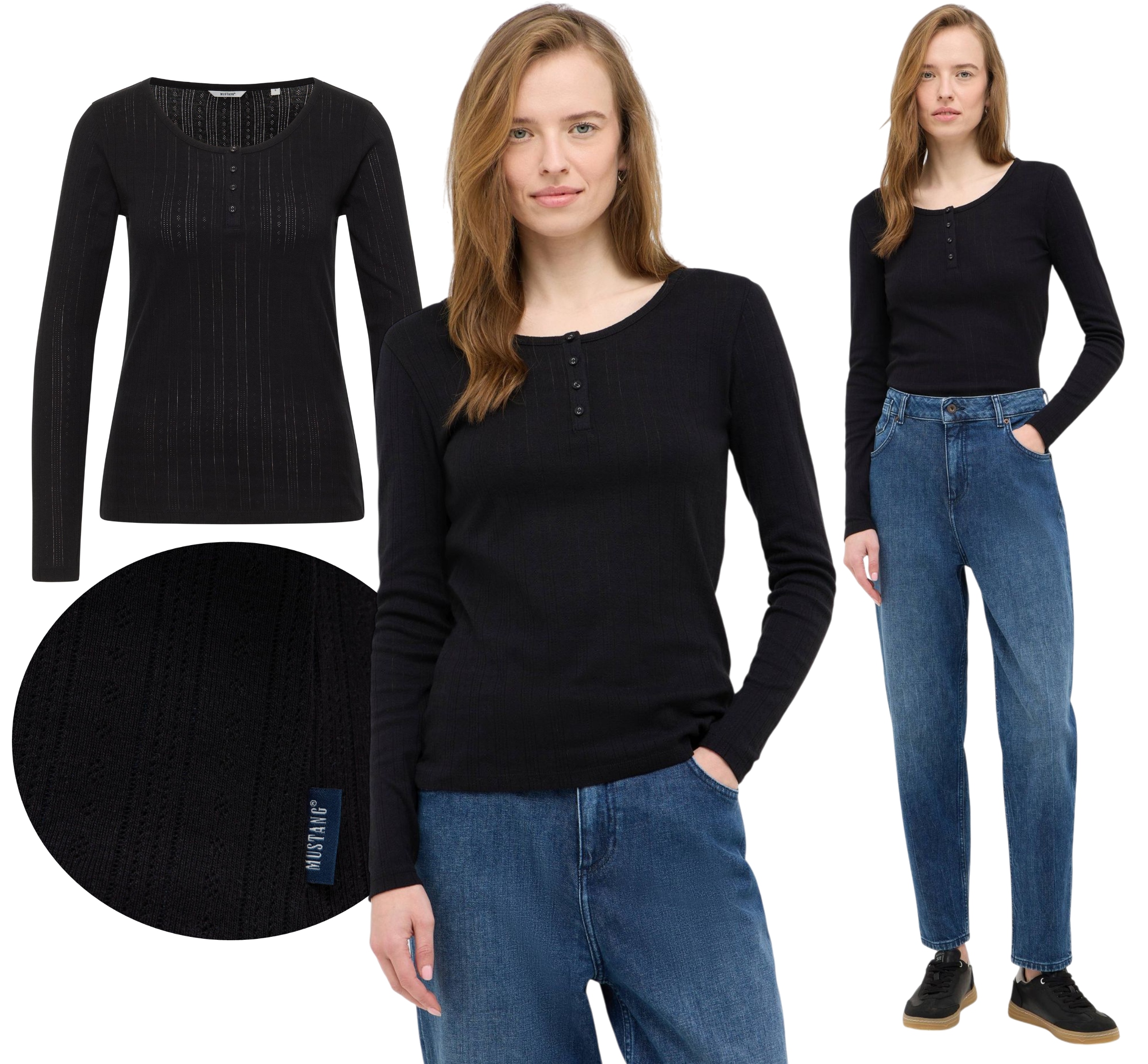 Dámská halenka Mustang s dlouhým rukávem, černá, vzorovaná, s Knoflíky , úzká, Hope, vel. S