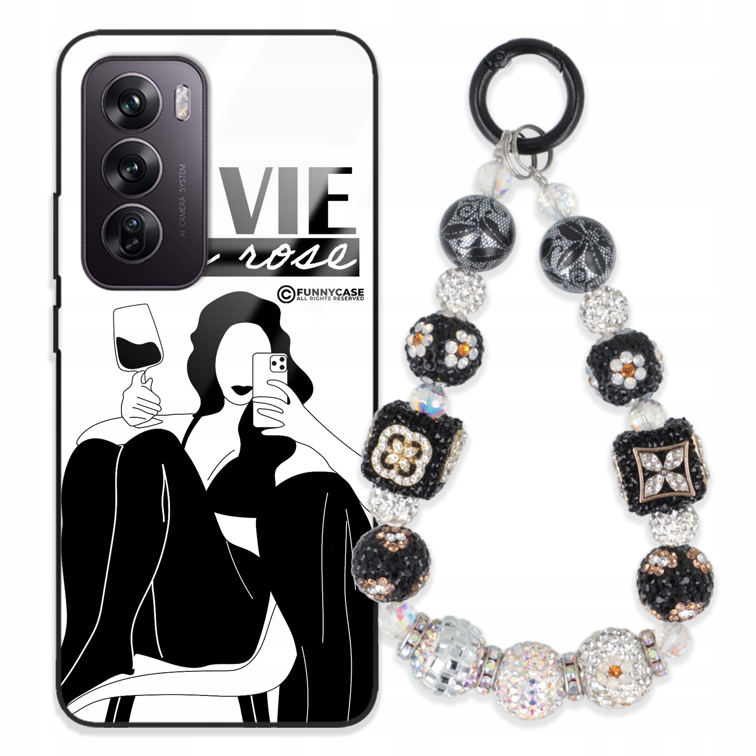 Puzdro Na Oppo Reno 12 Pro 5G Glass Čiernobiely Prívesok Strieborné Zirkóny Wz