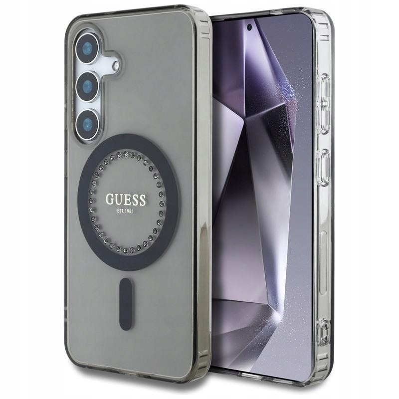 Pouzdro Guess pro Galaxy S25 MagSafe Classic Logo Módní s černými zirkony