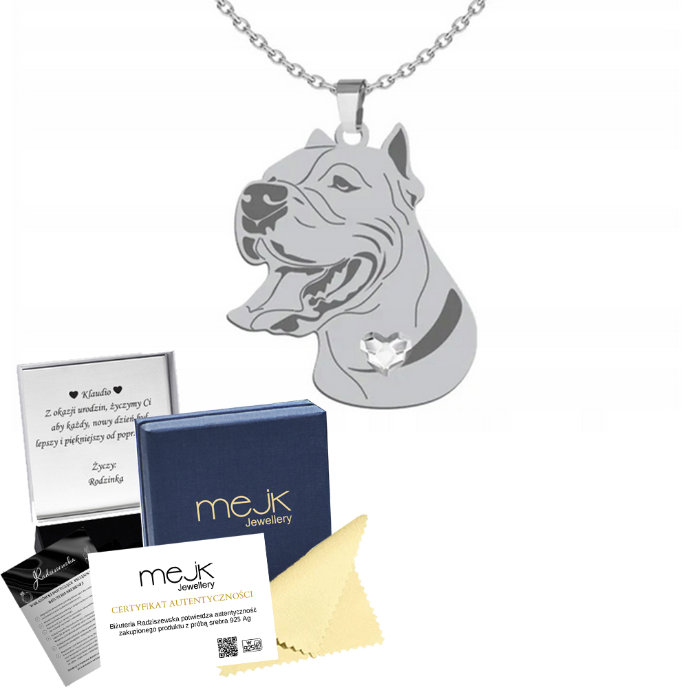 Stříbrný náhrdelník z Dogo Argentino 925 Šperky Gravírování Dedikace Bonus