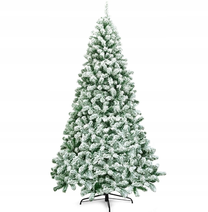 Umelý vianočný stromček zelený zasnežený s páperím, stabilný so stojanom 225cm
