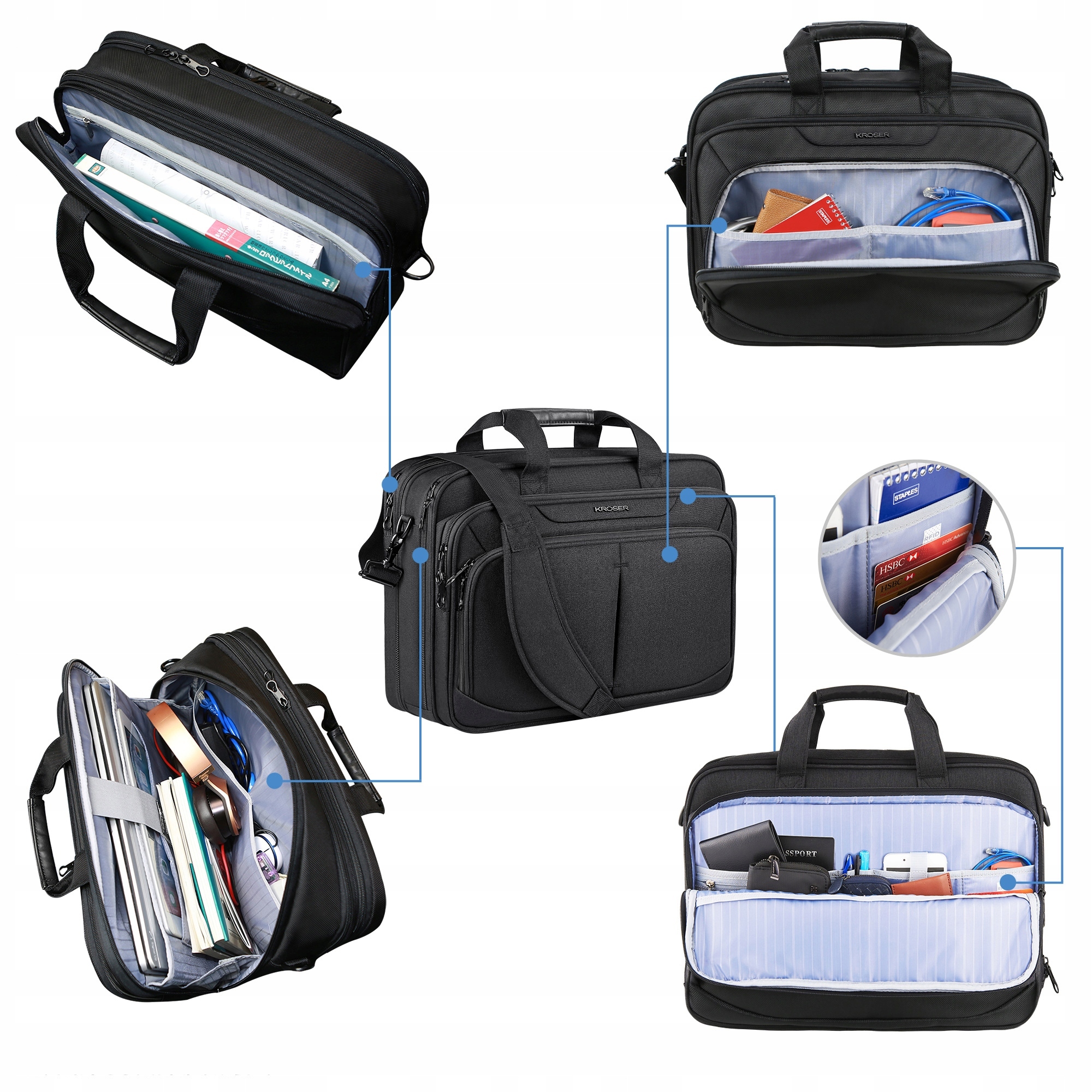 KROSER Biznesowa torba na laptopa 17,3" rozszerzana pojemna teczka na ramię Stan opakowania oryginalne
