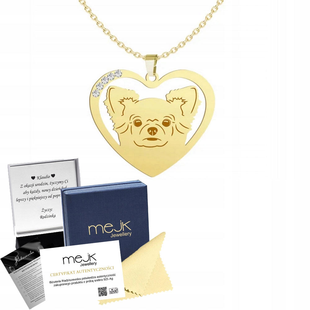 Zlatý náhrdelník s Chihuahua 925 Šperky Dárek Gravírování Bonus