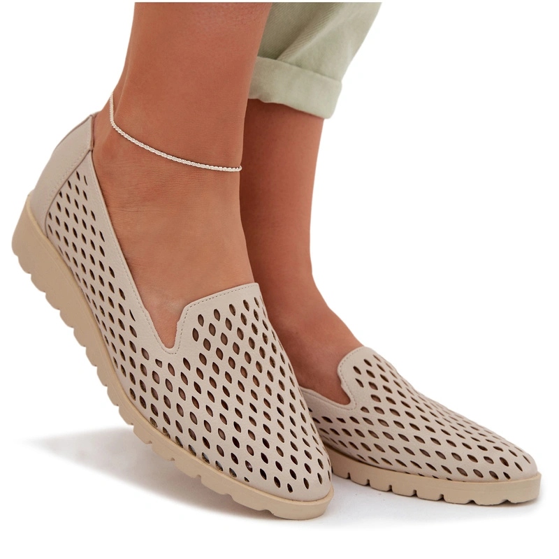 Polobotky Dámské Ažurové Baleríny Jemný Koturn Jezzi Béžové 40