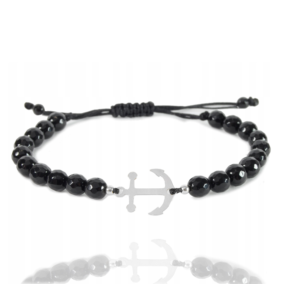 Náramek na provázku s kotvou a kuličkami 925