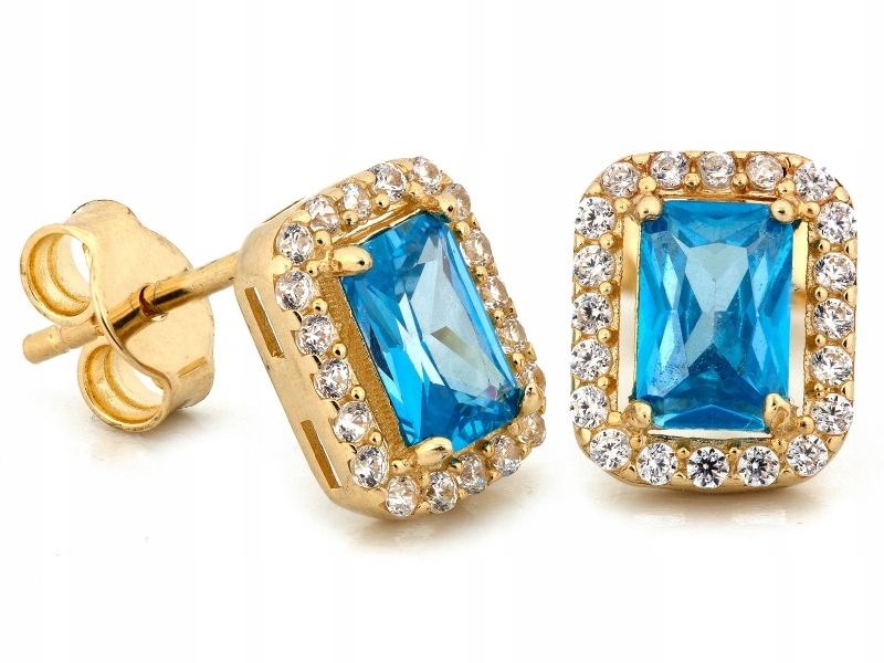 Zlaté náušnice 585 obdélníkové s modrým kamenem, elegantní dárek