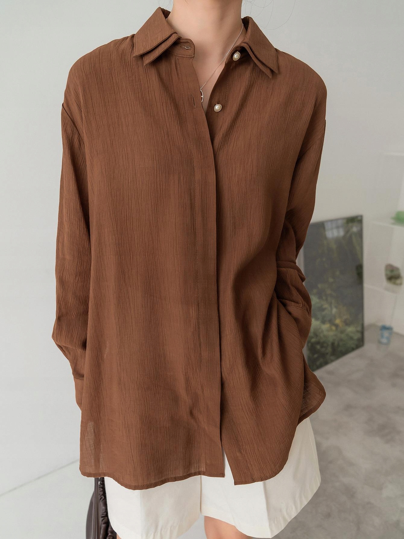 A018R7 KOSZULA BRĄZOWA LUŹNA KLASYCZNA DAZY XL Rękaw długi rękaw