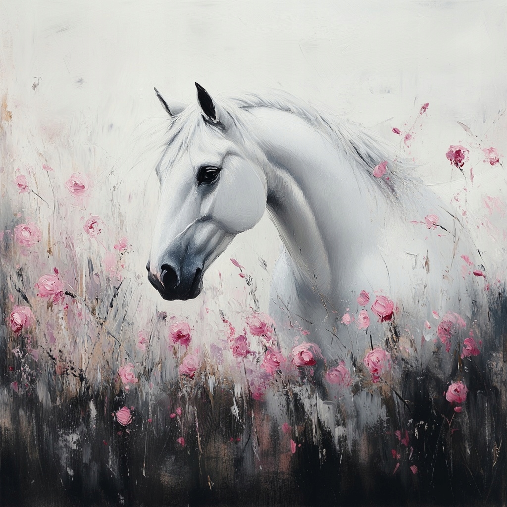 Obraz Na Plátně Canvas Olej Natura Bílý Kůň Rumak Květy Růže Louka 80x80