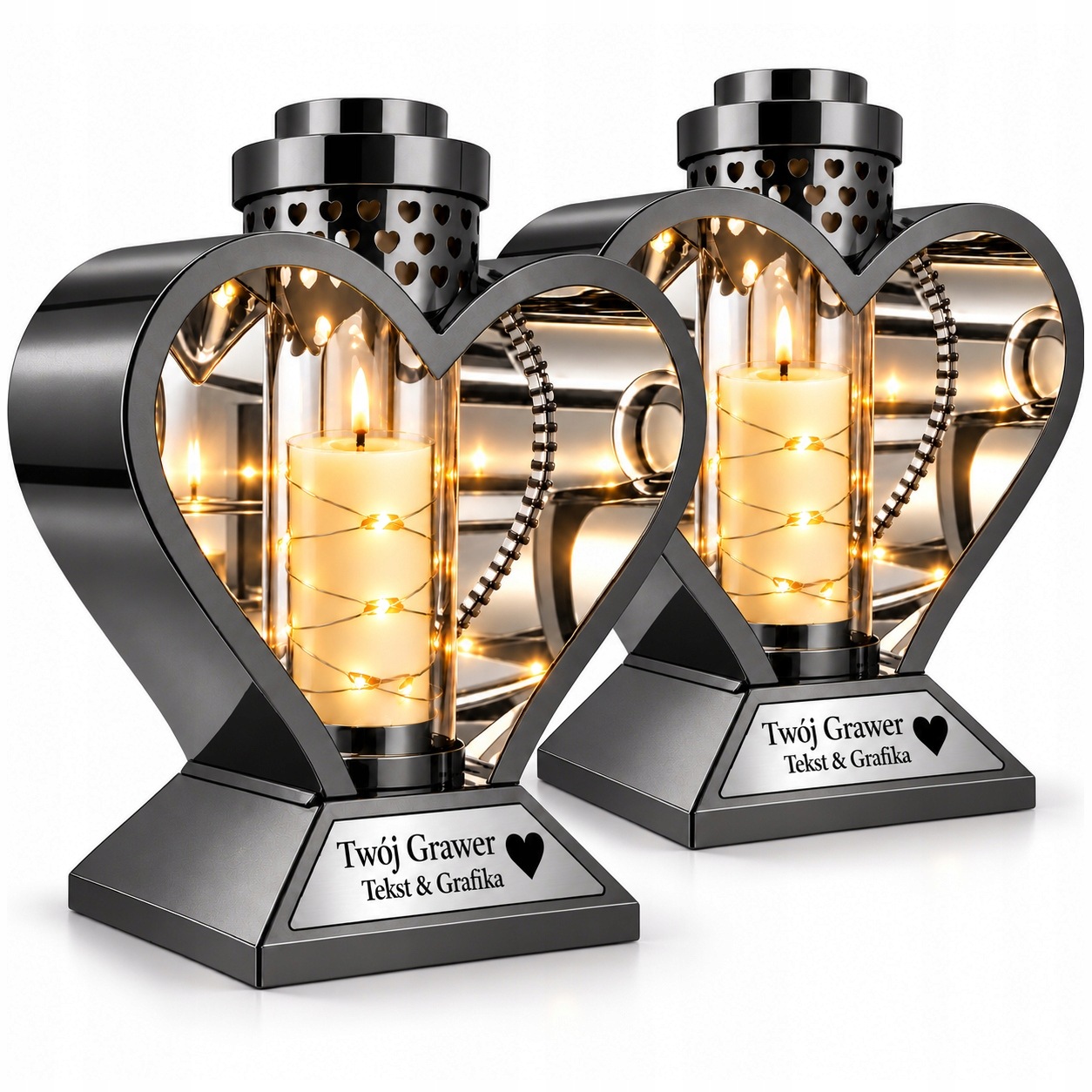 2x Krásné Led Svíčky Na Hrob, Hřbitov, Moderní Srdce Z Oceli Gravírování