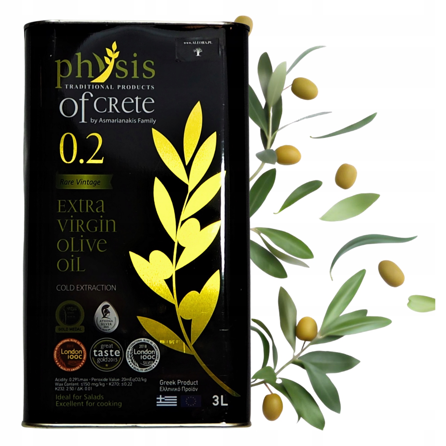Grecka Oliwa z Oliwek Extra Virgin 3L Physis of Crete 0,2% Koroneiki Kreta