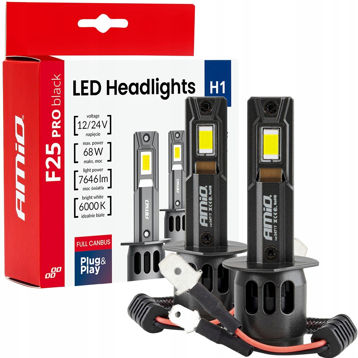 Żarówki samochodowe Led Pro Black Full Canbus H1 68W 12V 24V AMIO-04717
