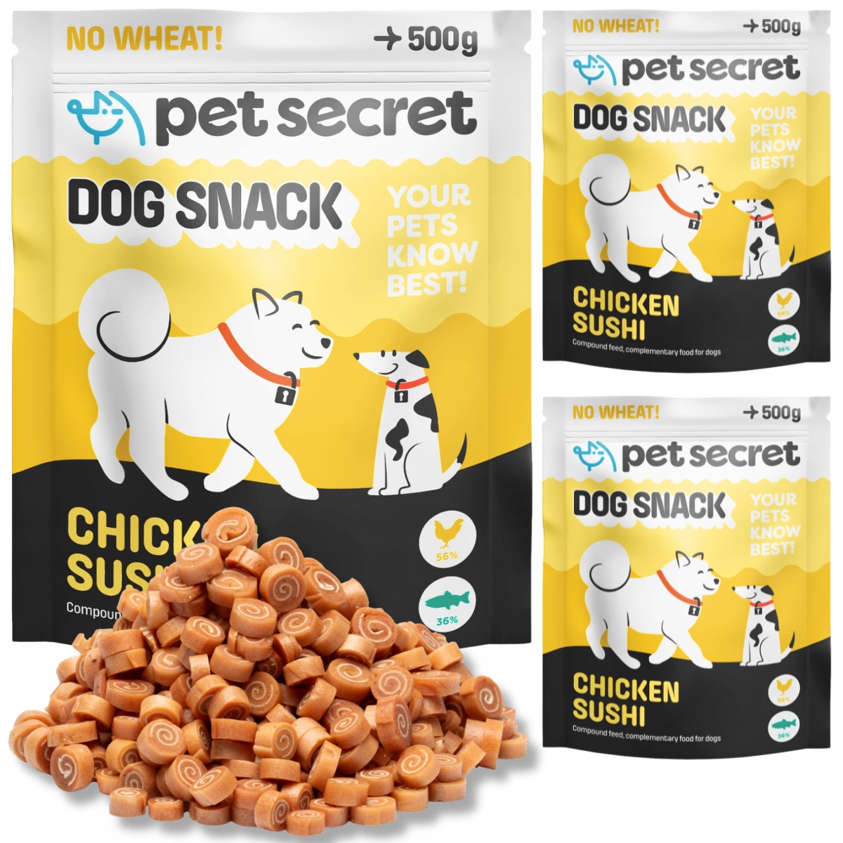 Levně Psí pamlsek Sushi s kuřecím masem 3x500g Mini rollsy Pet Secret Pamlsky