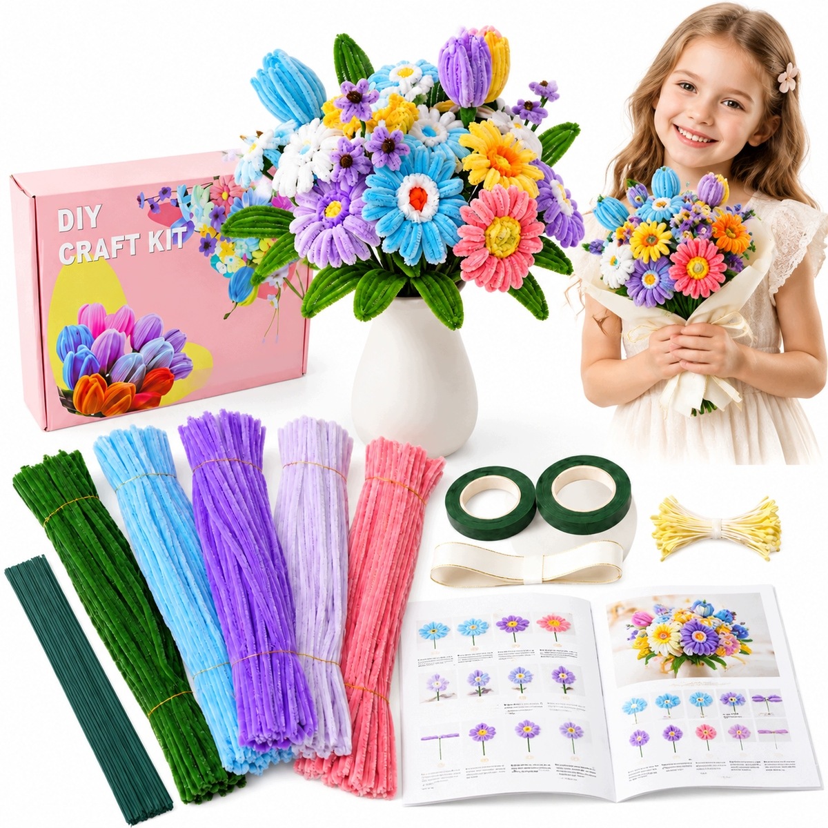 Čističe Trubek 500 Ks Květinové 30 CM Polyester Kreativní Sada