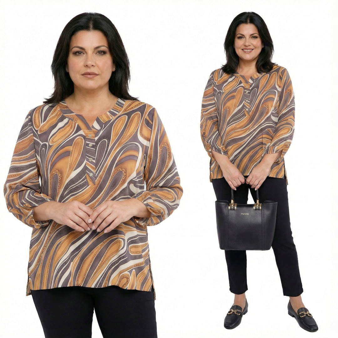 Košile s dlouhým rukávem, karamelově šedé vzory plus size, velikost 52