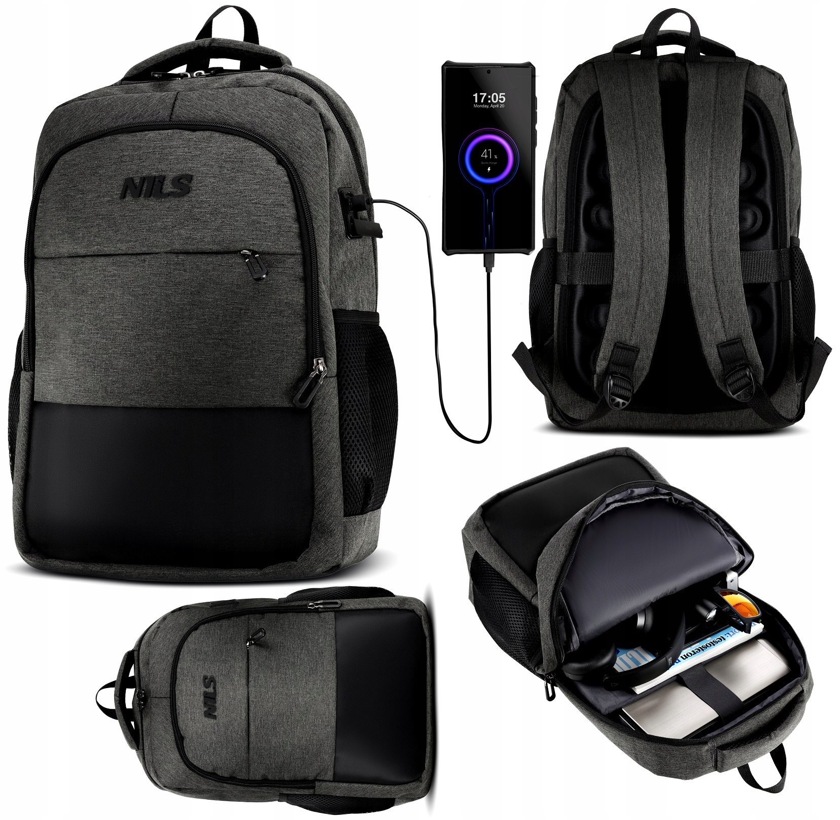 Plecak Na Co Dzień Szary 18 L Na Laptopa Port Usb-c Nylon 1680D Kieszenie