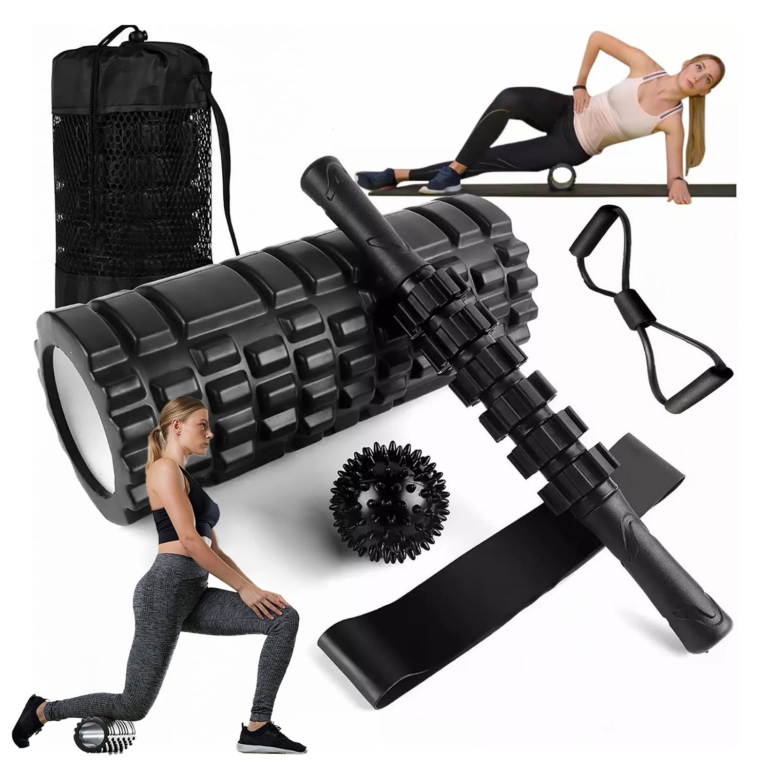 Masážní Roller 6 Sada Na Protahování Roller Hůl Jóga Míč Páska Černá