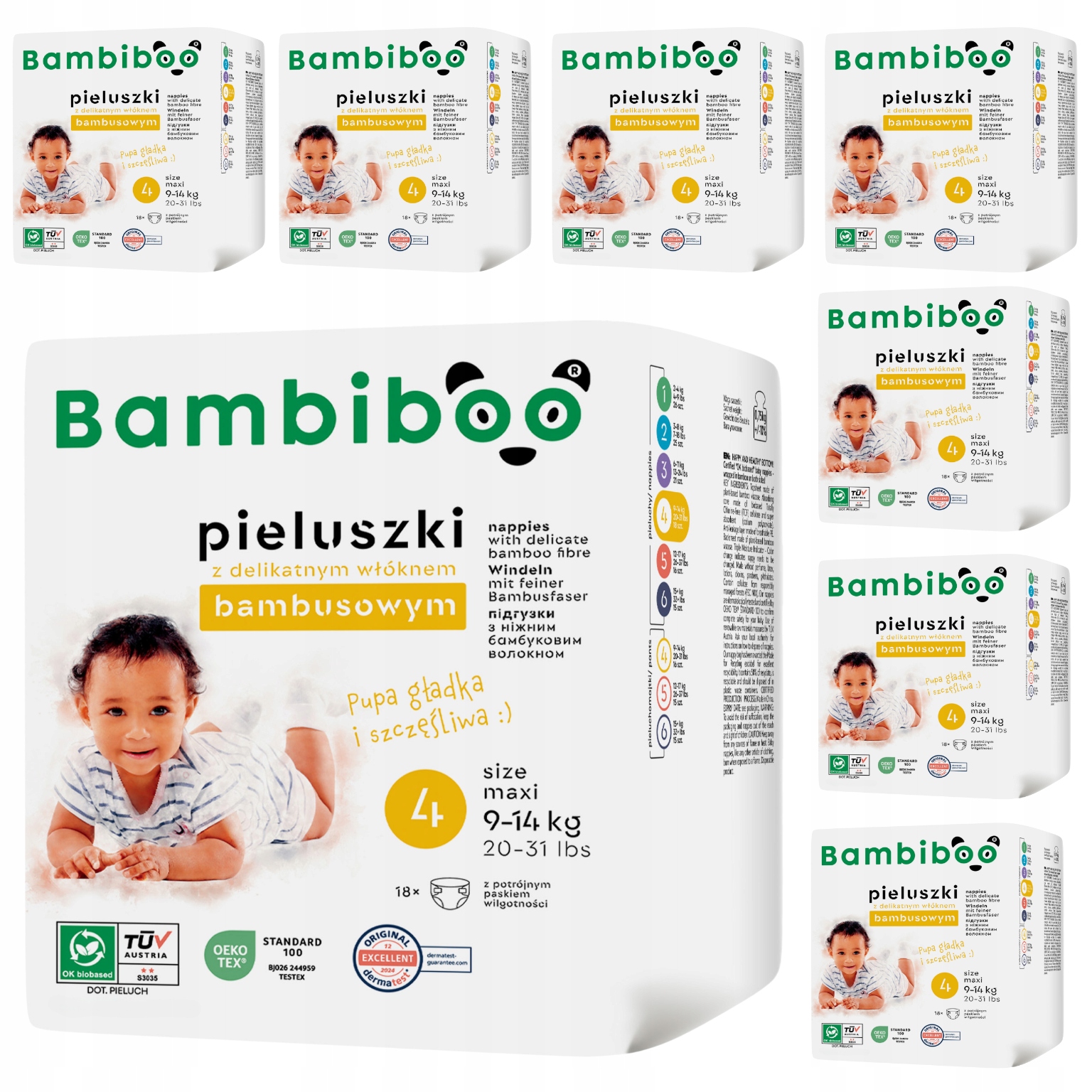 Pieluszki Z Włóknem Bambusowym Bambiboo r.4 Zestaw 8x18 szt Maxi 9-14kg .
