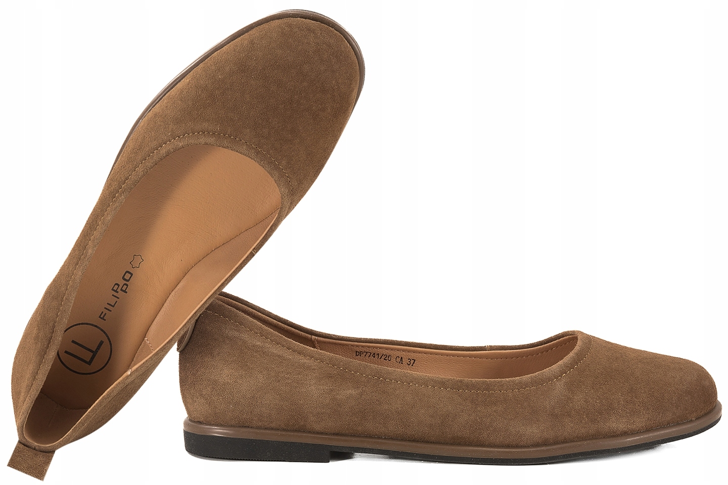 Filippo DP7741 Baleriny Skórzane Damskie Półbuty Zamszowe karmelowe 39