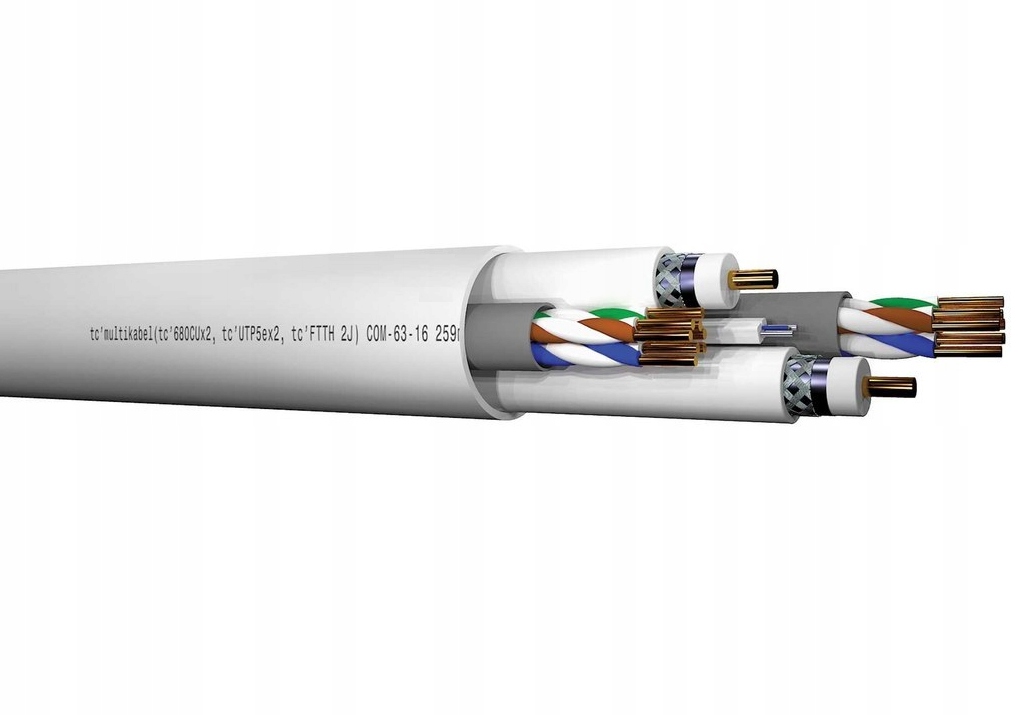  /><p><b>☀️Konstrukcja tc’multikabla składa się z 5 oddzielnych kabli</b> połączonych w jedną wiązkę przez zastosowanie wspólnego wysokiej jakości PVC. Ta unikalna konstrukcja kabla dedykowana jest do zastosowań w nowoczesnych instalacjach telekomunikacyjnych. Dzięki temu rozwiązaniu, <b>nie trzeba docinać i układać pięciu kabli oddzielnie,</b> co oznacza, że czas i praca jaką należy poświęcić na budowę instalacji zdecydowanie się skraca.</p><p><b>✅</b>Min. promień gięcia: <b>40 mm</b></p><p><b>✅</b>Płaszcz zewnętrzny: <b>biały PVC</b></p><p><b>✅</b>Średnica zewnętrzna: <b>20 mm</b></p><h2>Budowa multikabla tc</h2><p><b>✅Kabel koncentryczny tc’680CU x2</b></p><p>- Żyła<b>: 1.02 +- 1% miedziana</b></p><p>- Dielektryk:<b> spieniony fizycznie PE 4.57 +- 0.15 mm</b></p><p>- 1 warstwa: <b>folia Al./PET, klejona do wewnętrznego dielektryka</b></p><p>- 2 warstwa: <b>128x0.12mm, 80% pokrycia</b></p><p>- Płaszcz zewnętrzny:<b> biały PCV 6.9 +-0.1 mm</b></p><p><b>-</b> Skuteczność ekranowania:<b> 30~1000MHz ≥95dB, klasa A+</b></p><p>- Rezystancja żyły wewnętrznej: <b>18 Ω/km</b></p><p><b>✅Kabel koncentryczny tc’680CU x2</b></p><p>- Żyła: <b>1.02 +- 1% miedziana</b></p><p>- Dielektryk: <b>spieniony fizycznie PE 4.57 +- 0.15 mm</b></p><p>- 1 warstwa: <b>folia Al./PET, klejona do wewnętrznego dielektryka</b></p><p>- 2 warstwa:<b> 128x0.12mm, 80% pokrycia</b></p><p>- Płaszcz zewnętrzny: <b>biały PCV 6.9 +-0.1 mm</b></p><p>- Skuteczność ekranowania: <b>30~1000MHz ≥95dB, klasa A+</b></p><p>- Rezystancja żyły wewnętrznej: <b>18 Ω/km</b></p><p><b>✅Kabel teleinformatyczny tc’UTP 5e x2</b></p><p>- Żyła: <b>0.50 mm</b></p><p>- Ilość par: <b>4</b></p><p>- Płaszcz zewnętrzny: <b>PVC/PE</b></p><img src=