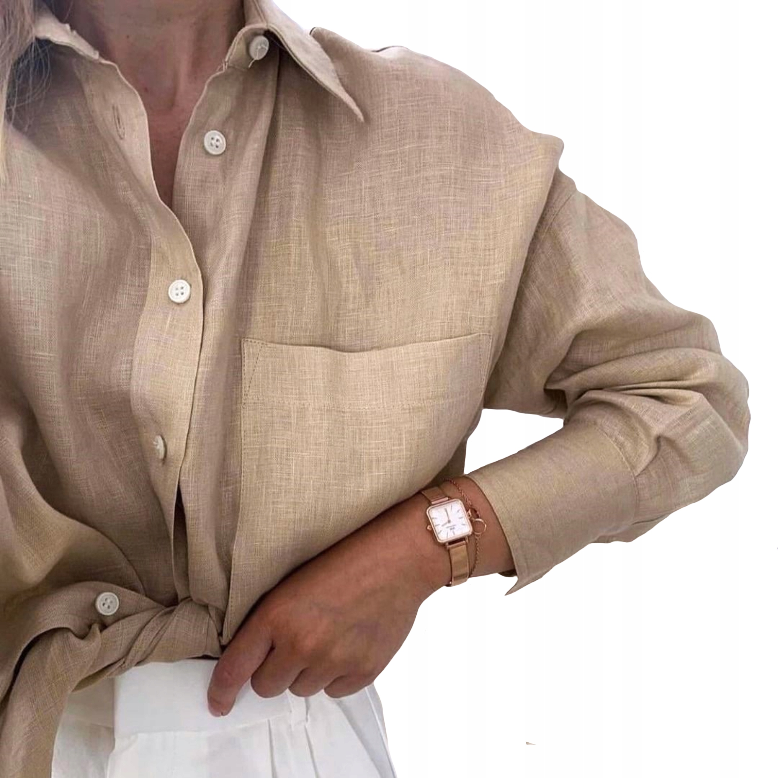 Zara Piękna KLASYCZNA Luźna LNIANA Beżowa Koszula LUX 100% Len M