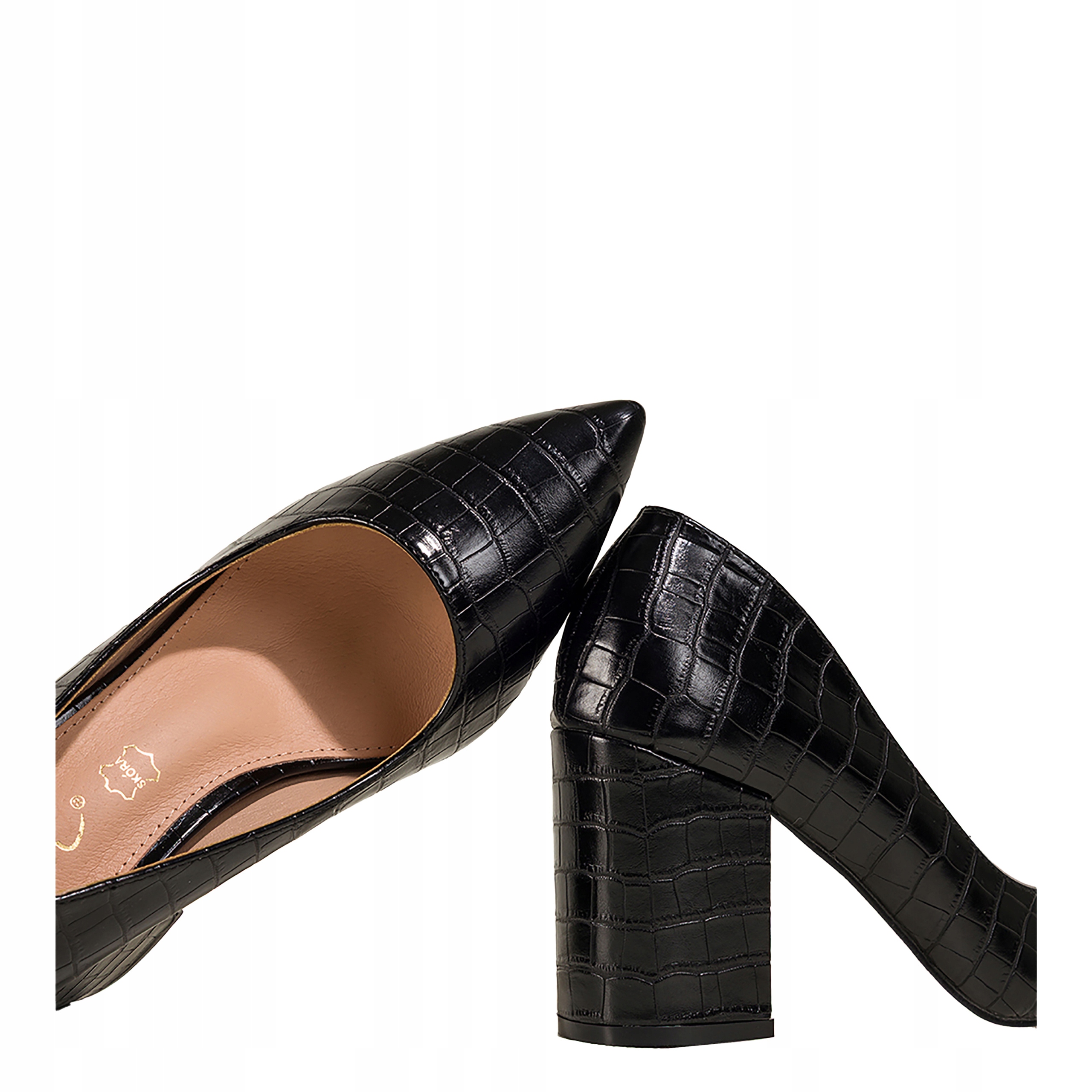 Czółenka Damskie Modny Krokodyli Wzór Czarne Słupek r 37