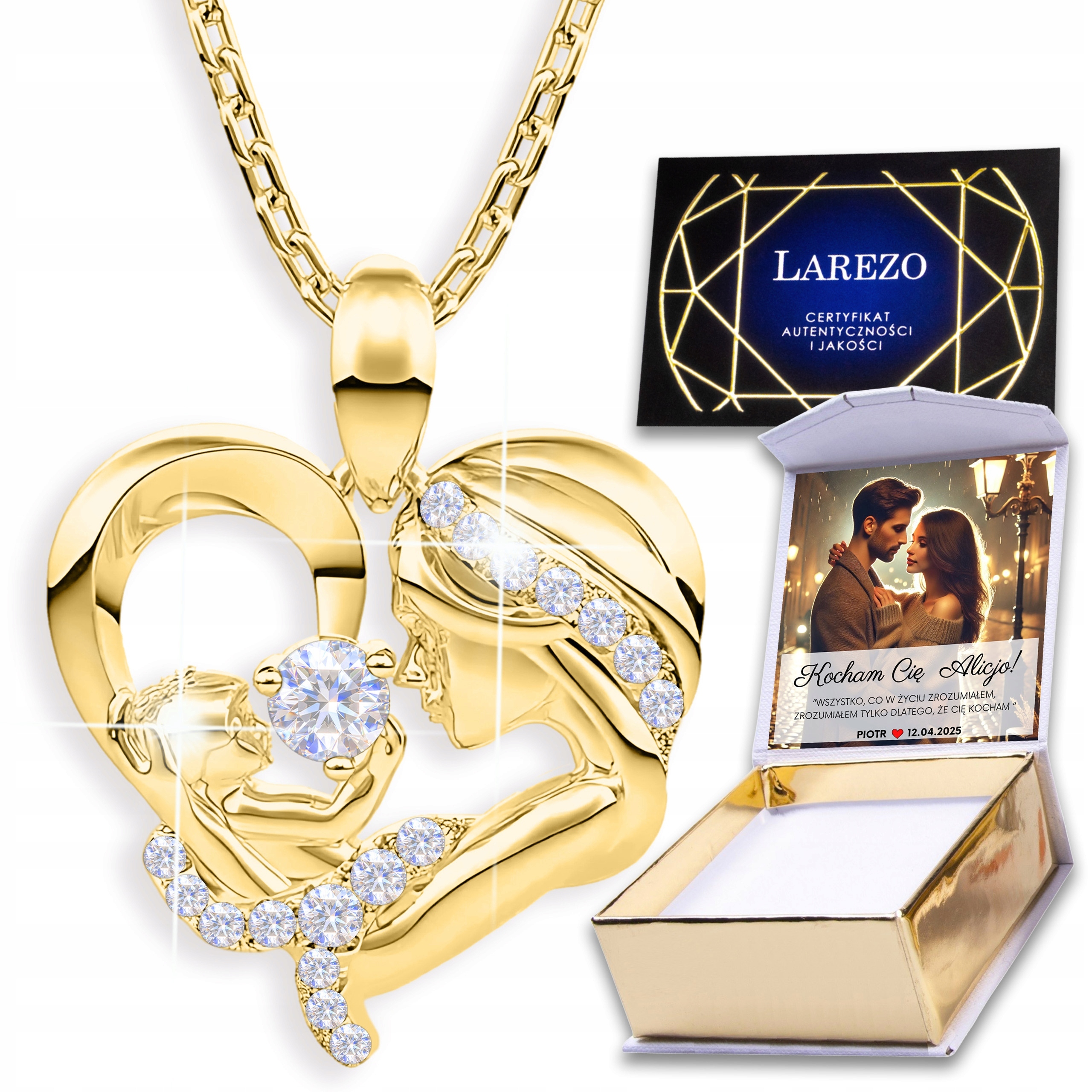 Zlatý Náhrdelník Srdce Máma s Dítětem Rodina Stříbro 925 Potisk