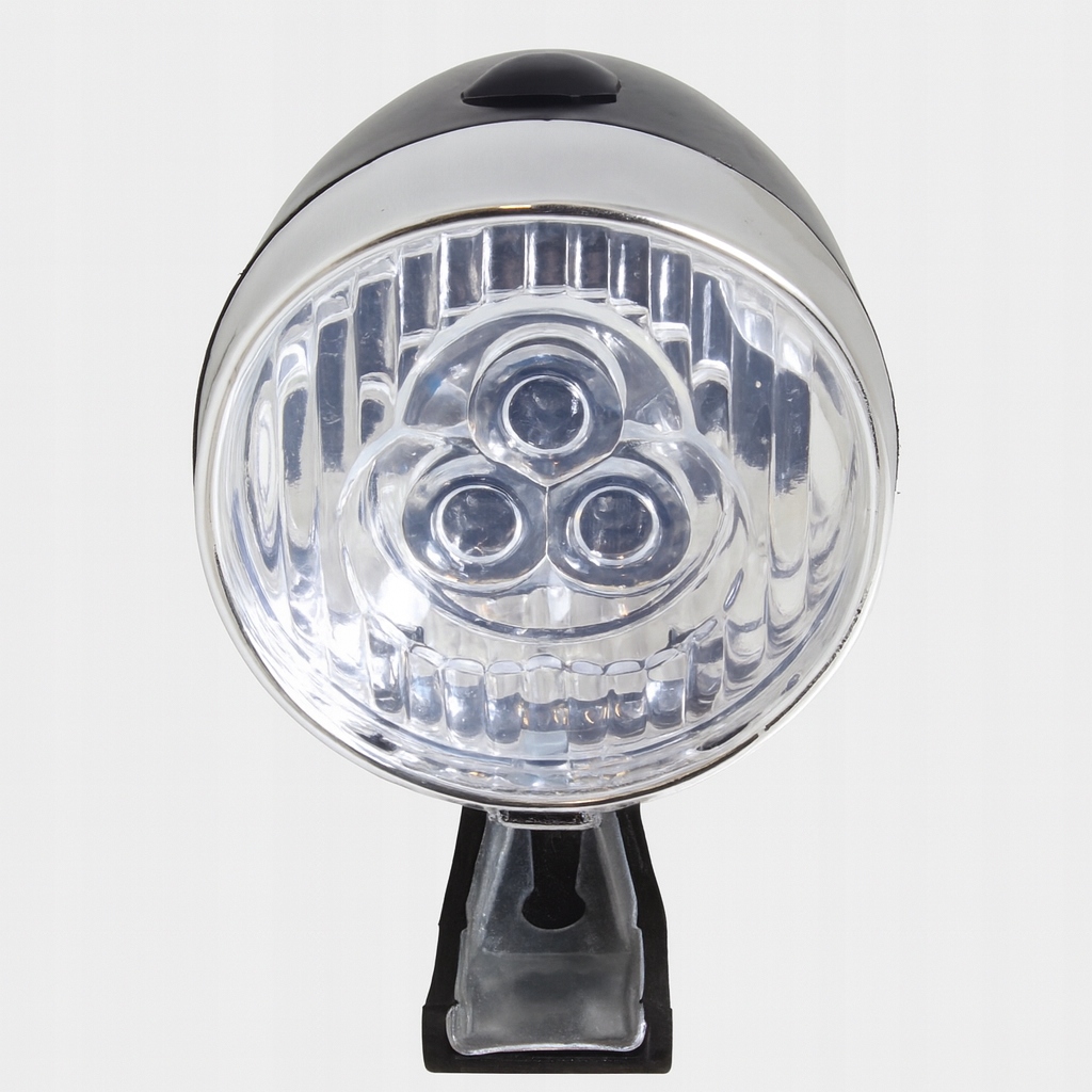 LAMPA ROWEROWA PRZEDNIA RETRO LED CHROM Z UCHWYTEM NA BATERIE