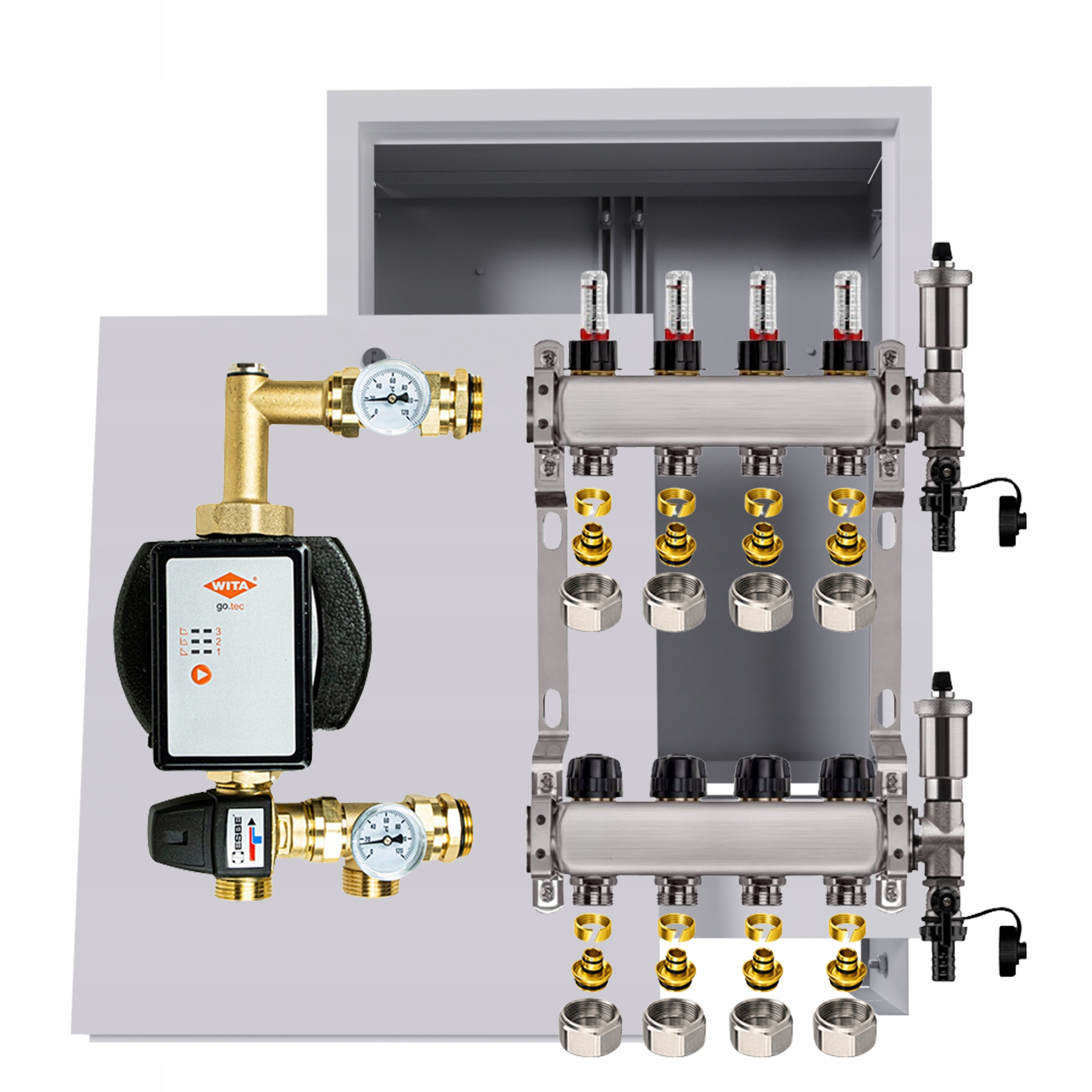 Rozdělovač pro podlahu 4 okruhy s čerpadlem Wita podomítková skříňka Pex
