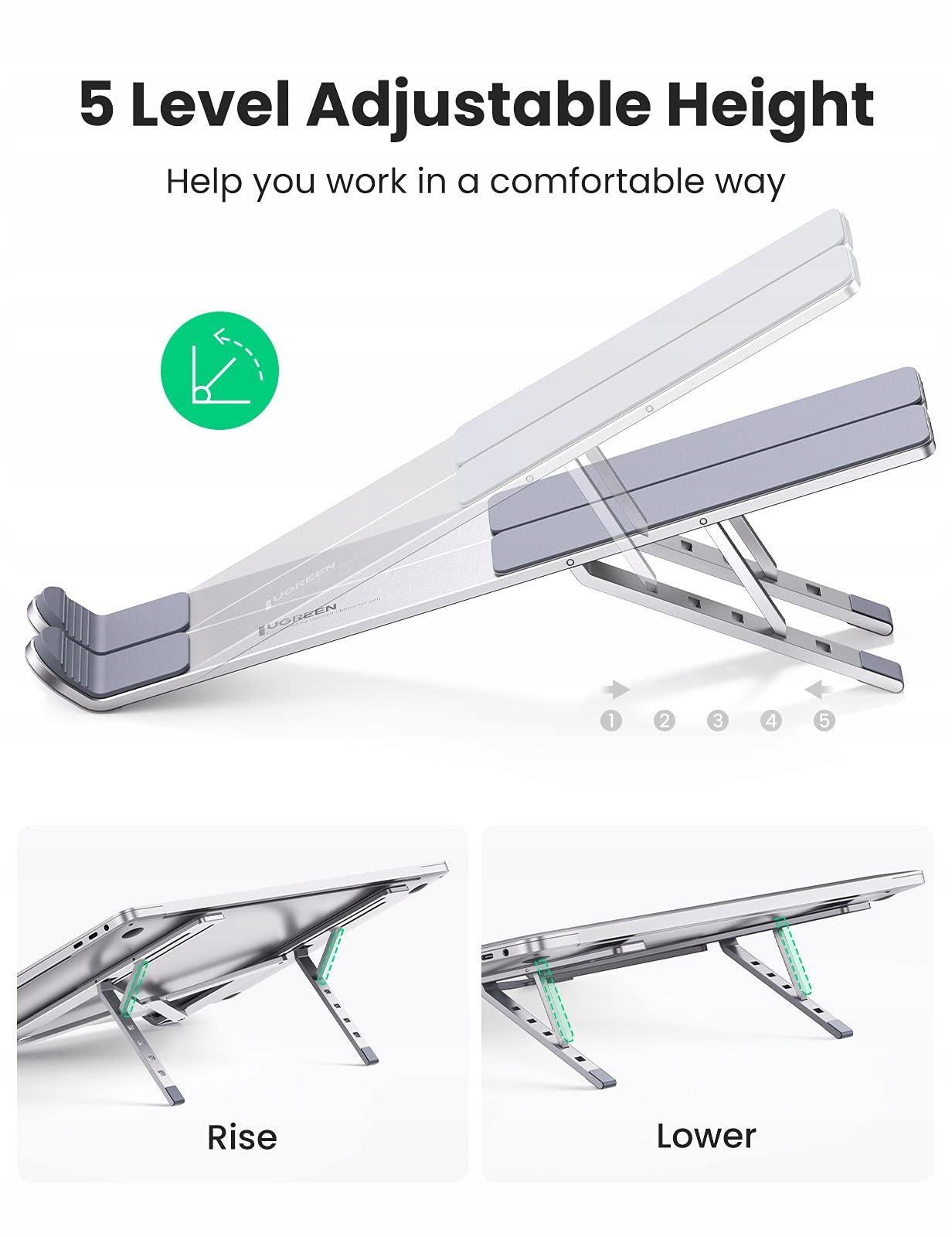 UGREEN ALUMINIOWY STOJAK NA LAPTOP REGULOWANY ERGONOMICZNY DO 17.3 CALA — miniatura 5