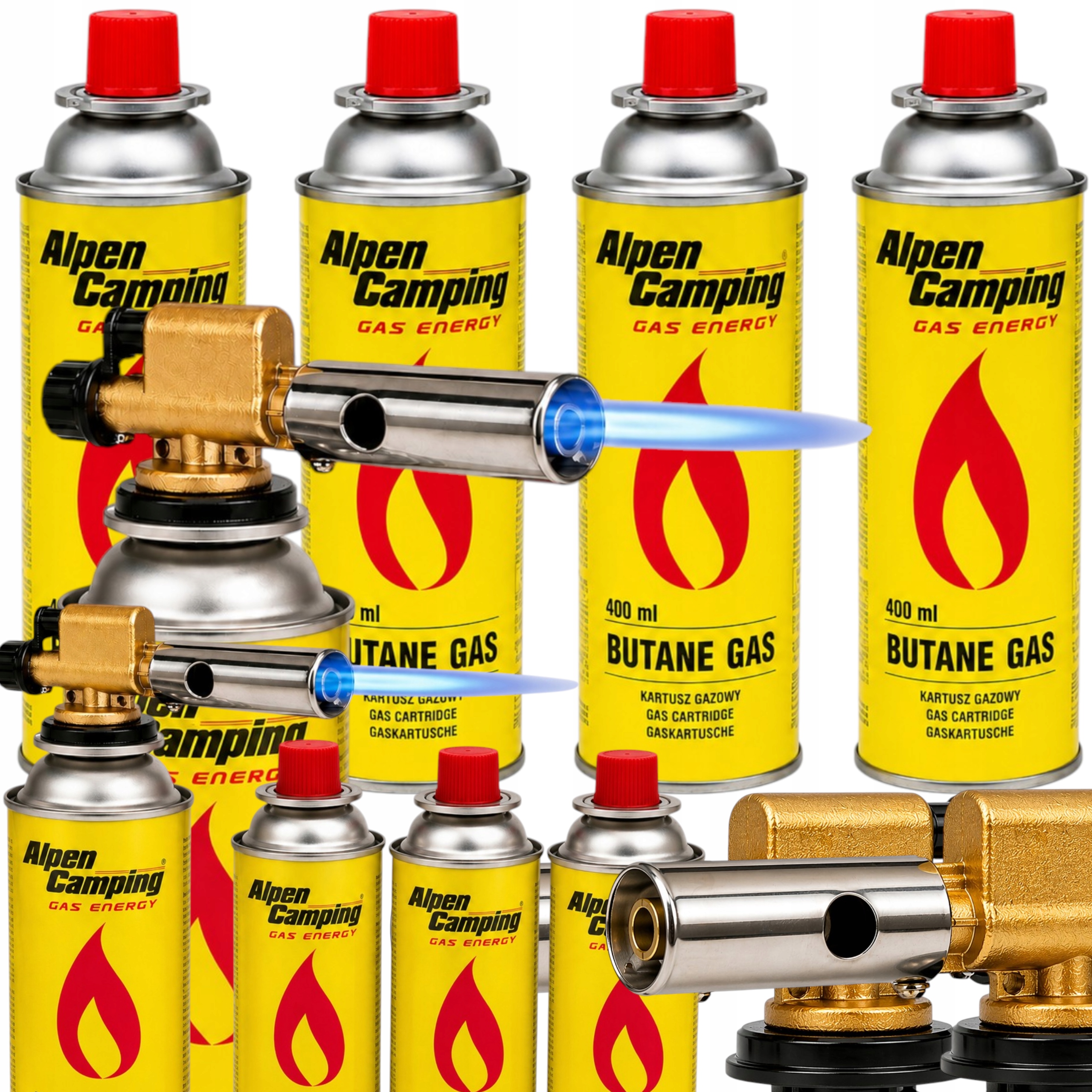 2x Plynový hořák měděný mosazný 8 kartuší 400 ml 1300 °C Piezo regulace