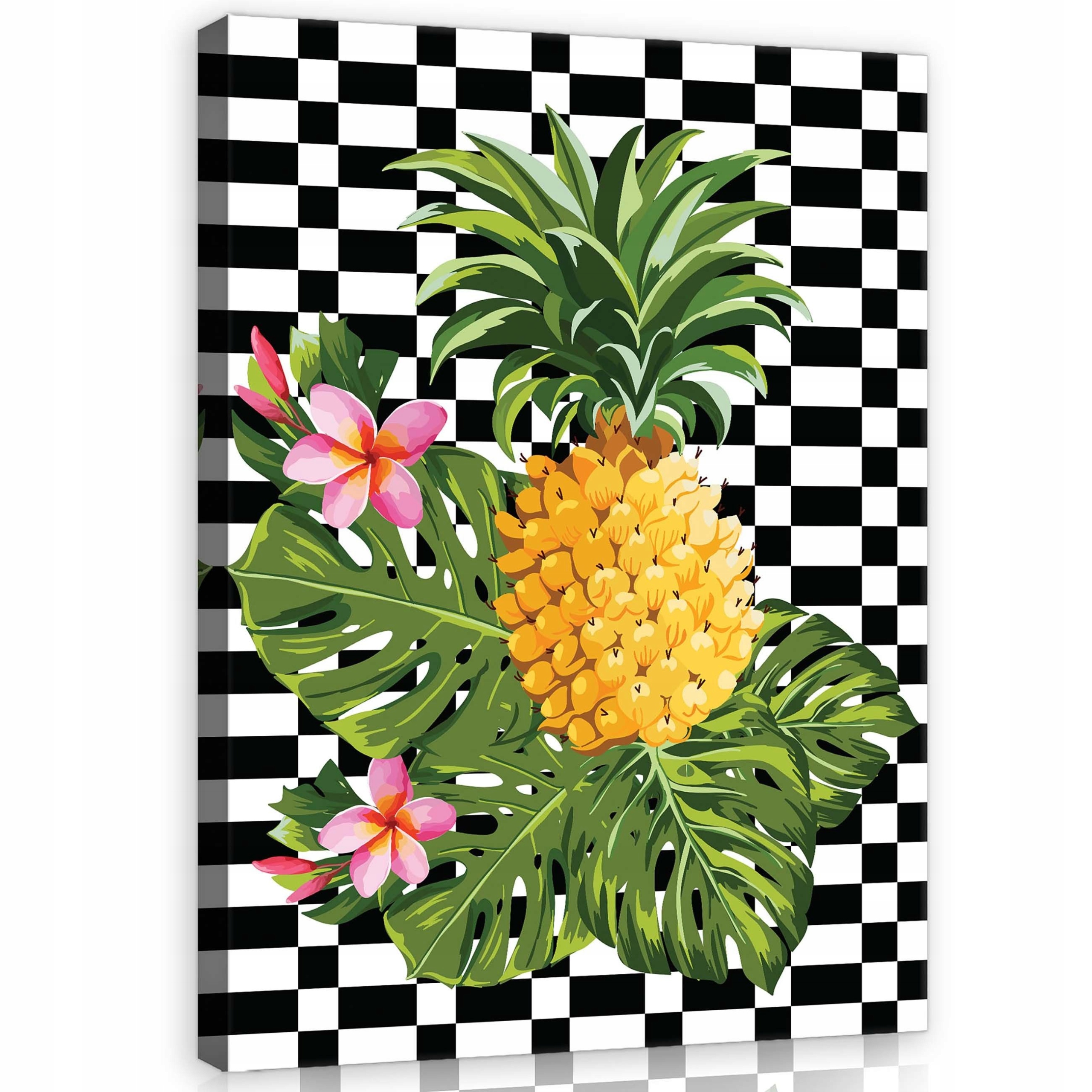 Obraz 60x80 Ananas tropy plumérie květy listy monstera vzor šachovnice