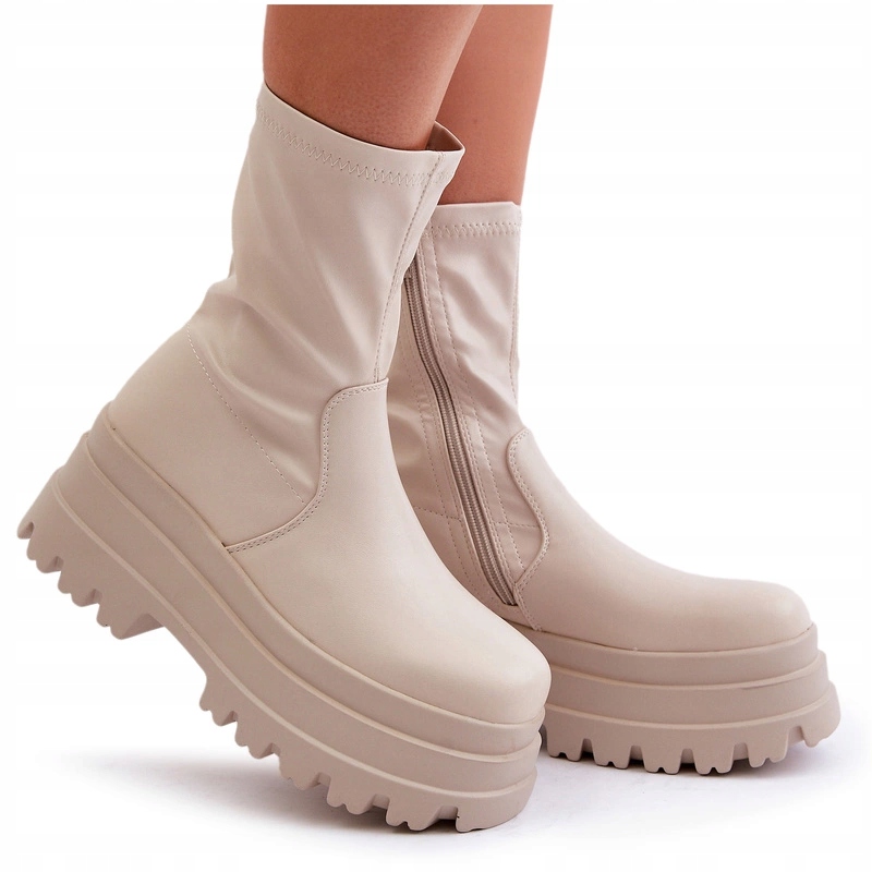 Dámské Kotníkové Boty Eko Kůže Na Zip Masivní Platforma Světle Béžové 41
