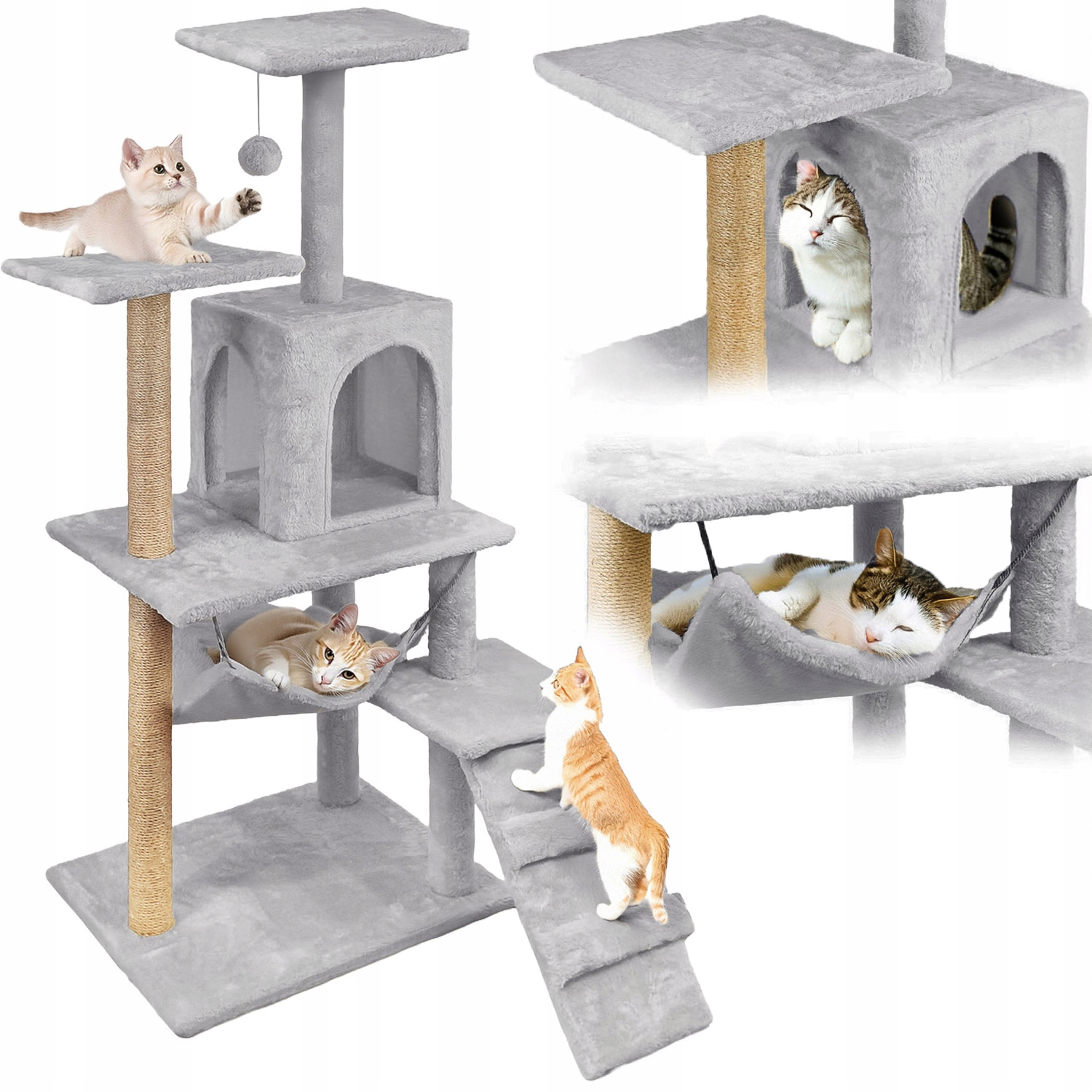 Levně Škrabadlo pro kočky 6 úrovní vysoký domeček pelíšek s hračkou Mersjo 125 cm