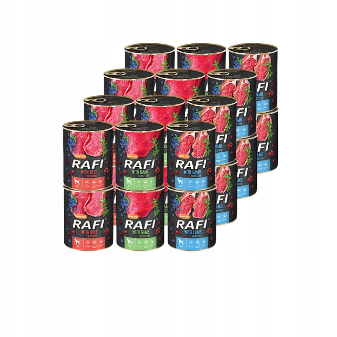 Levně Rafi Vlhké Krmivo Pro Psy 3 Příchutě Set 24x400g8
