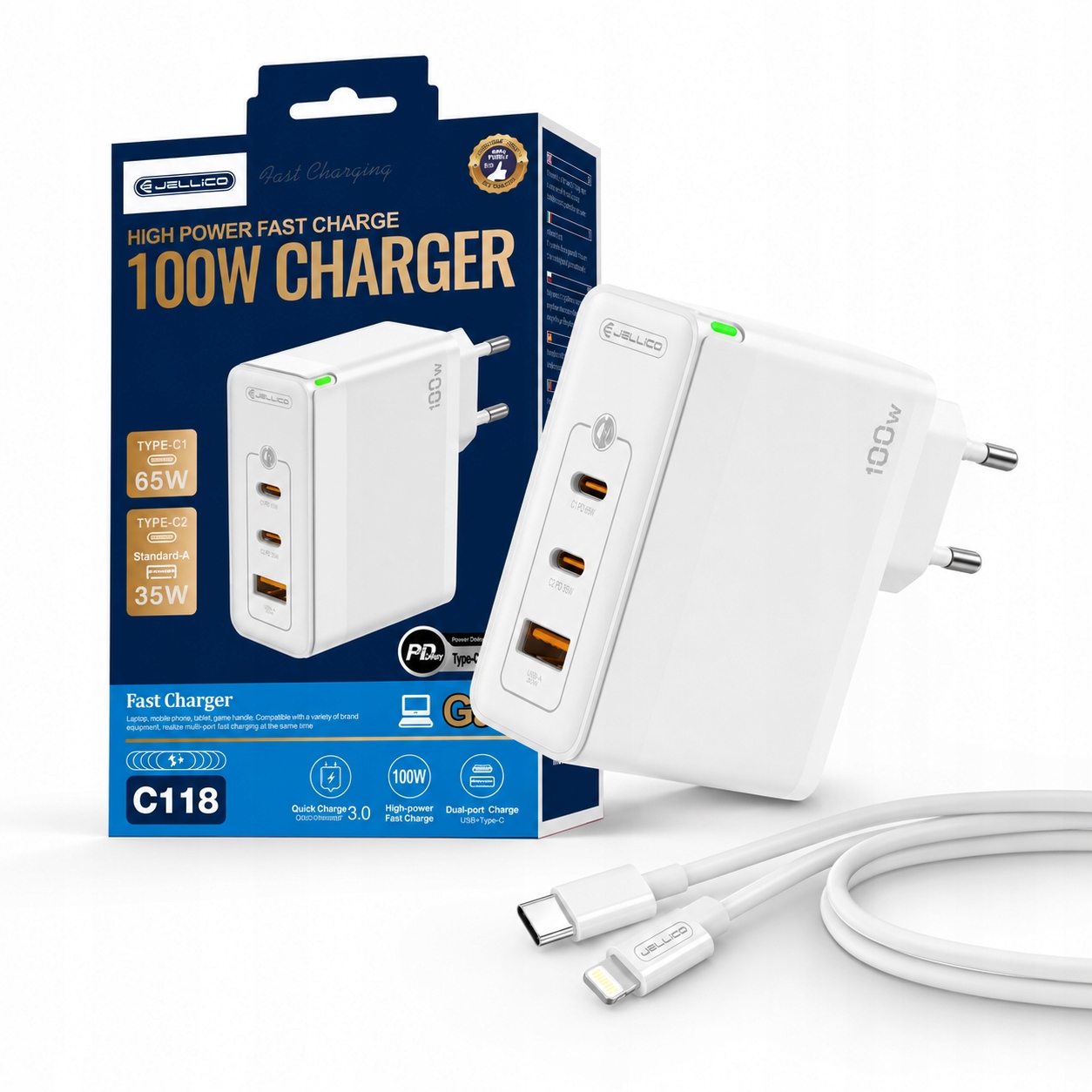 Szybka Ładowarka Sieciowa 100W 2XUSB-C 1XUSB QC3.0 Usb-c Do iPhone