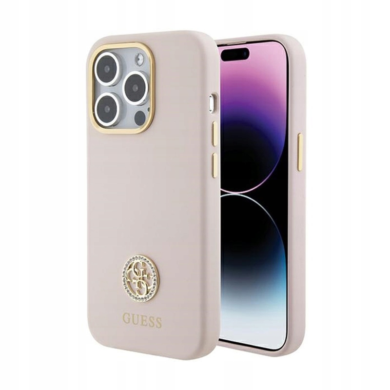 Guess Silicone Logo Strass 4G Pouzdro pro iPhone 15 Pro (růžové)